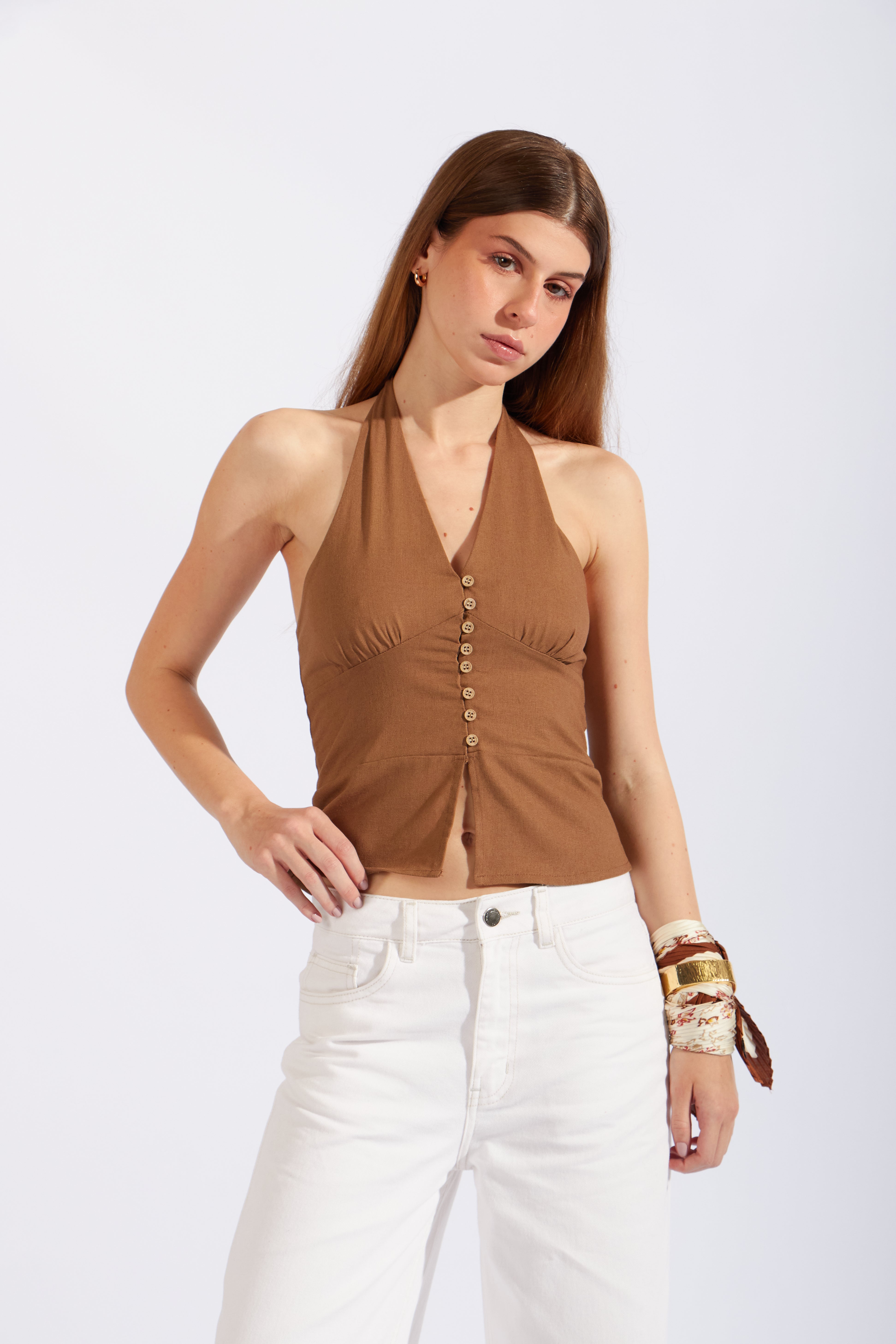 Top Halter Estructura Lino - Toffee
