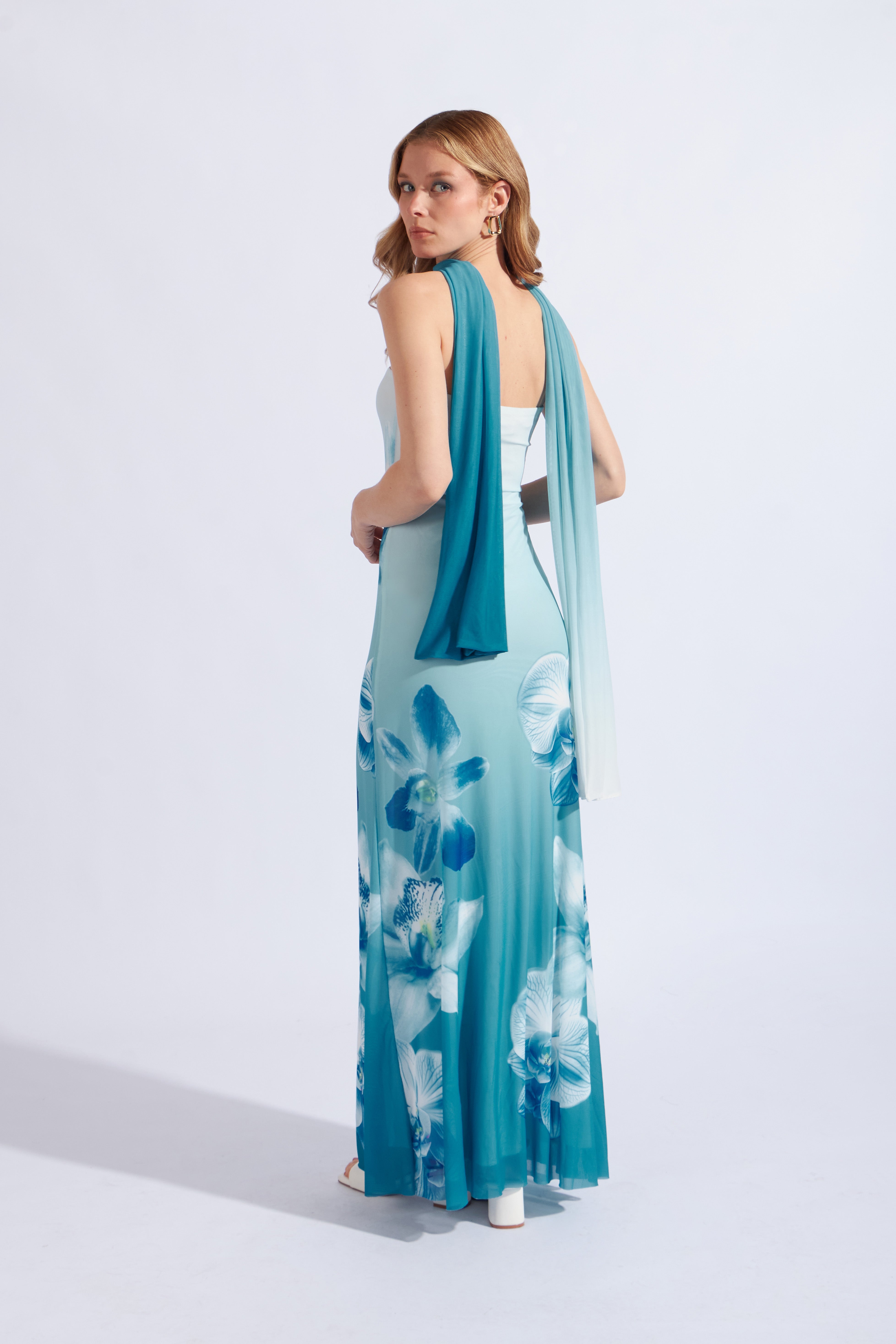 Vestido Largo con Fular - Turqueza