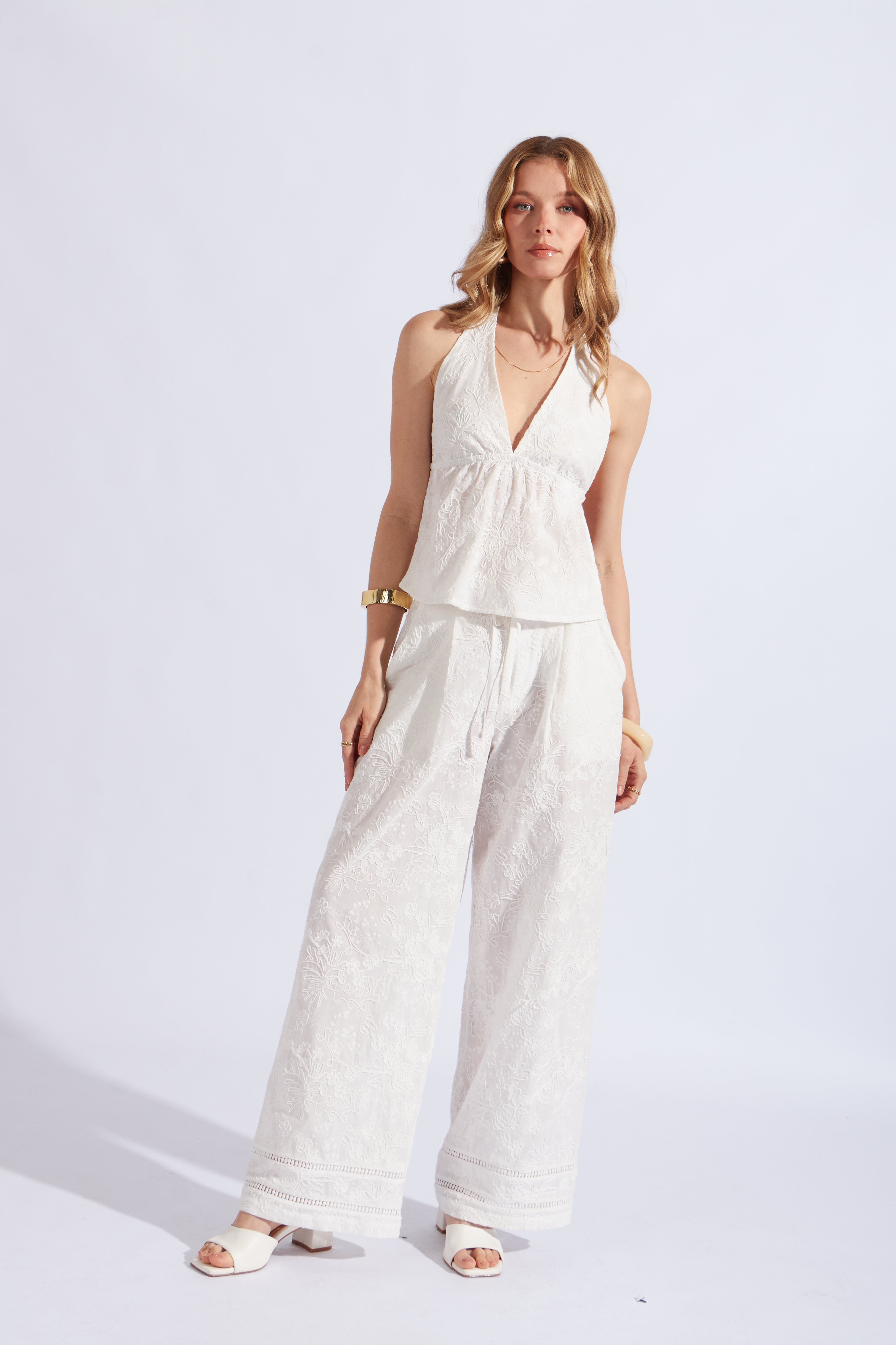 Pantalón Pliegue Broderie - Perla