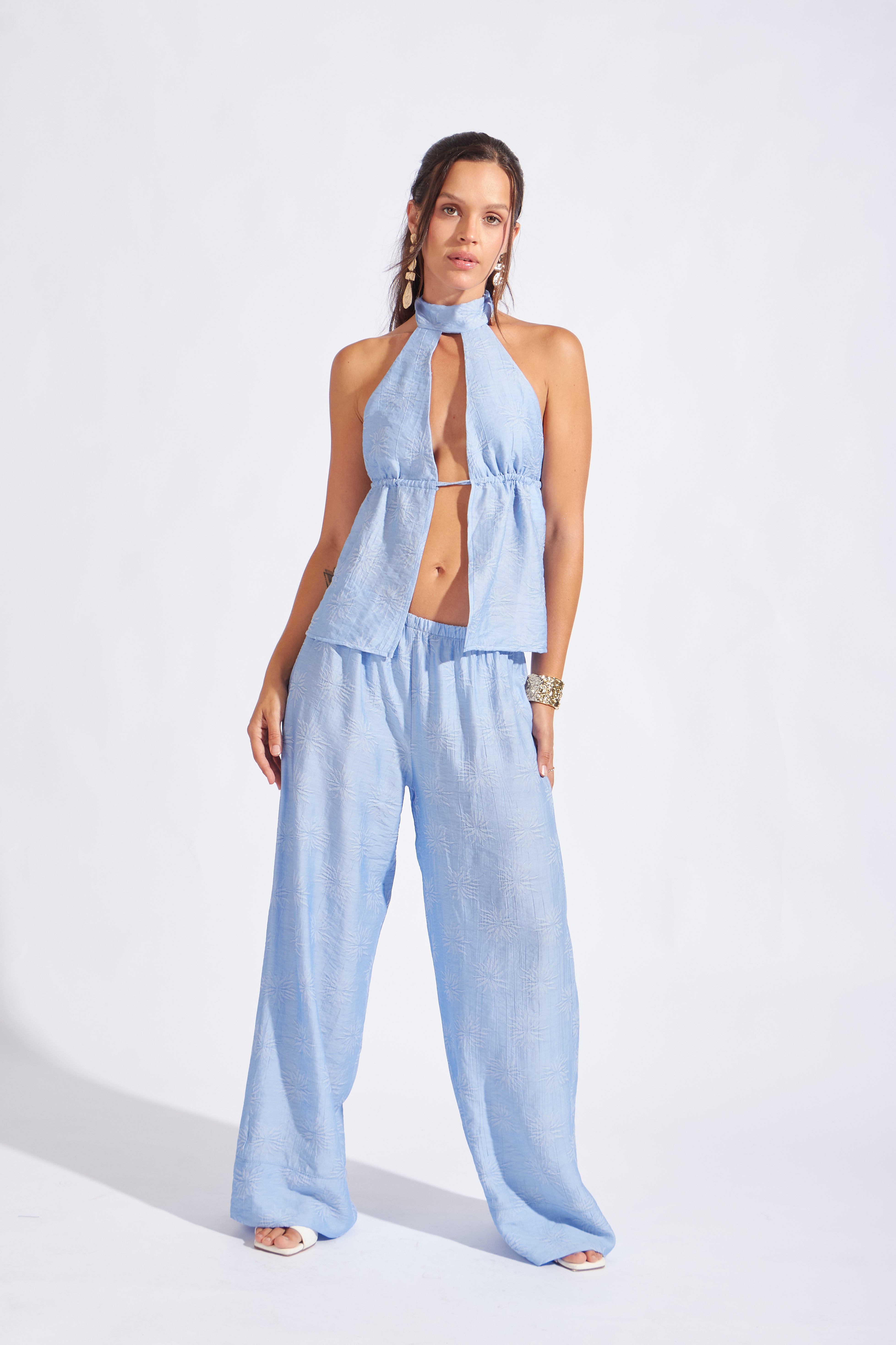 Top Textura Cuello Halter - Celeste