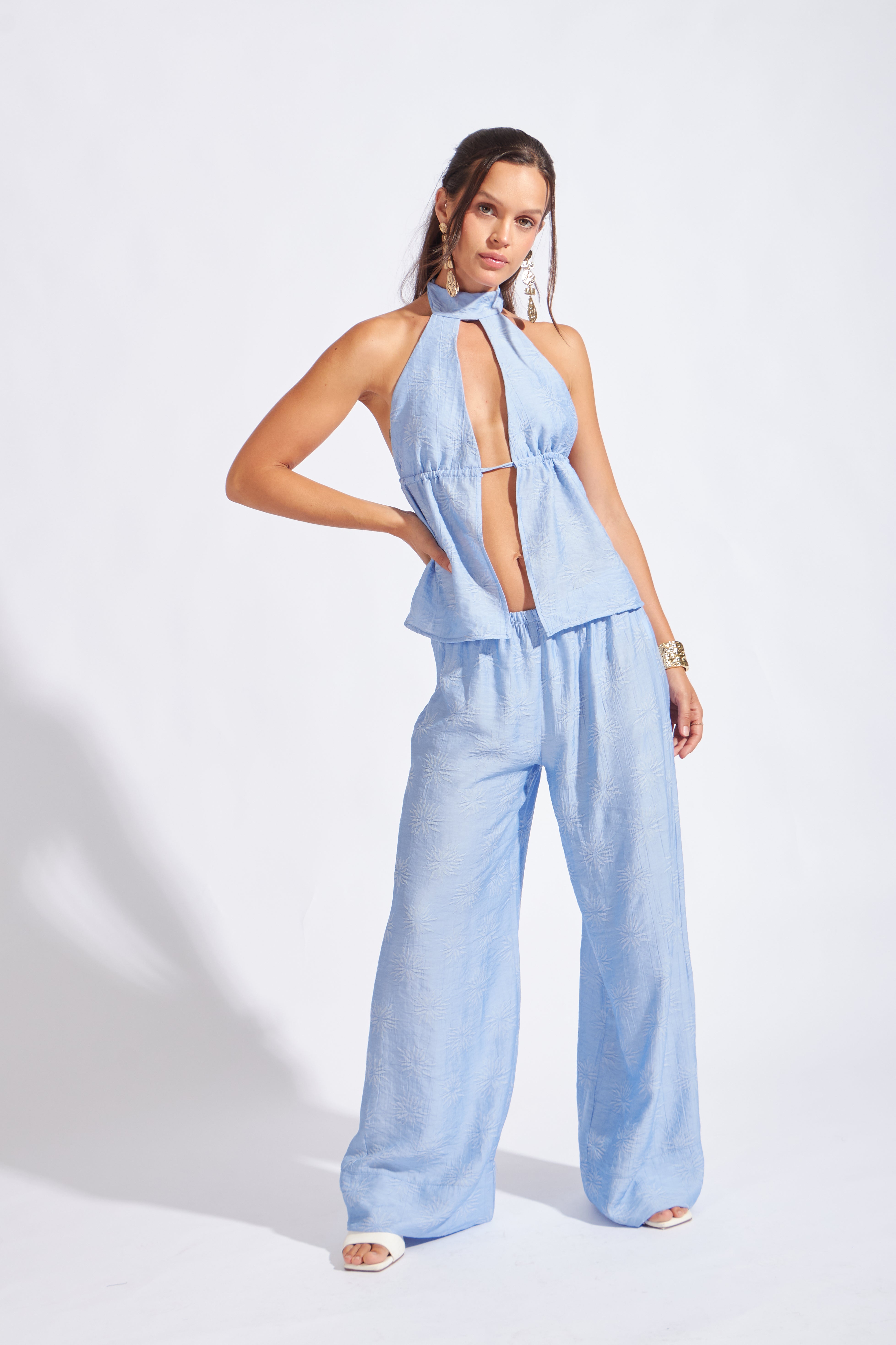 Top Textura Cuello Halter - Celeste