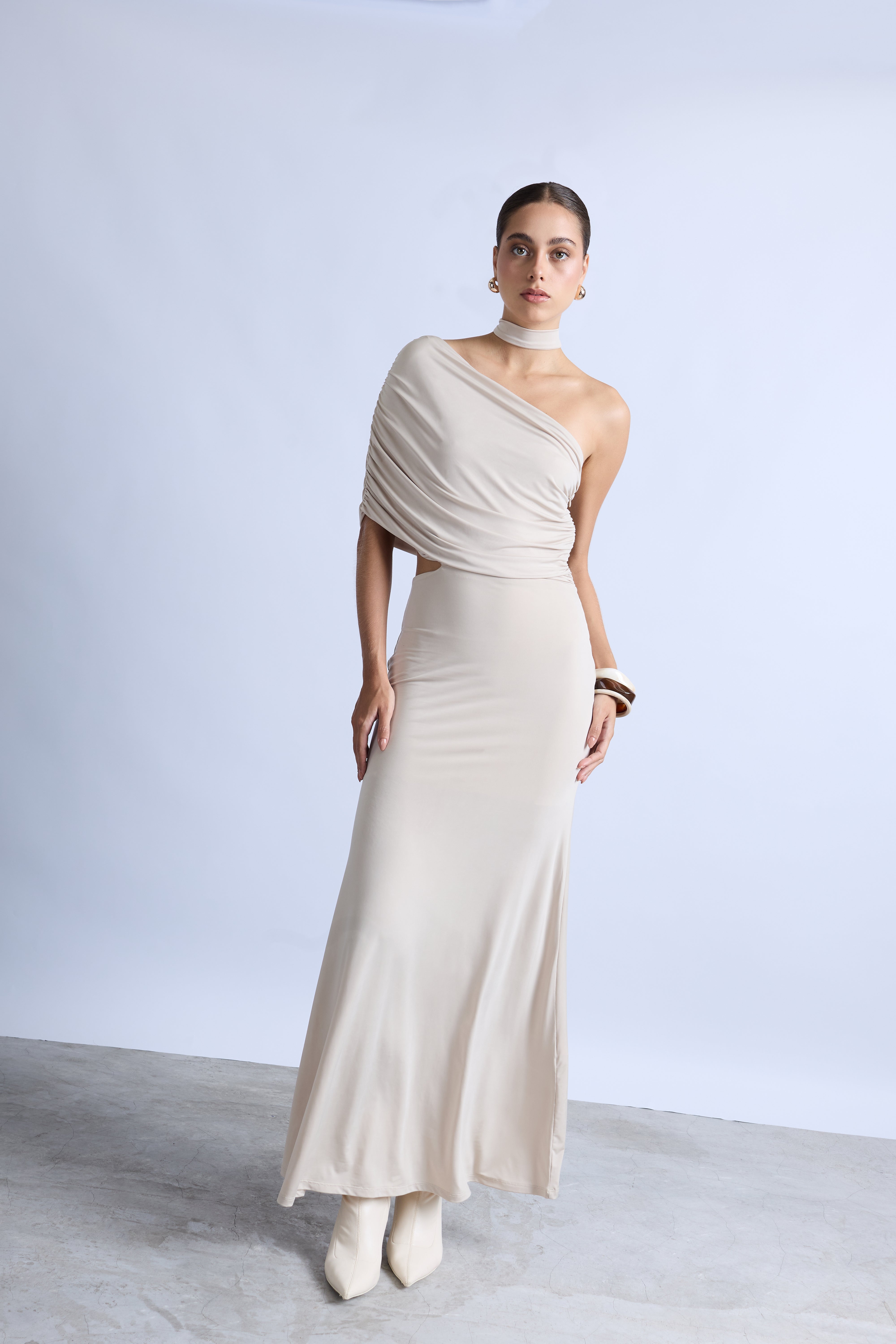 Vestido Asimétrico Drapeado - Beige