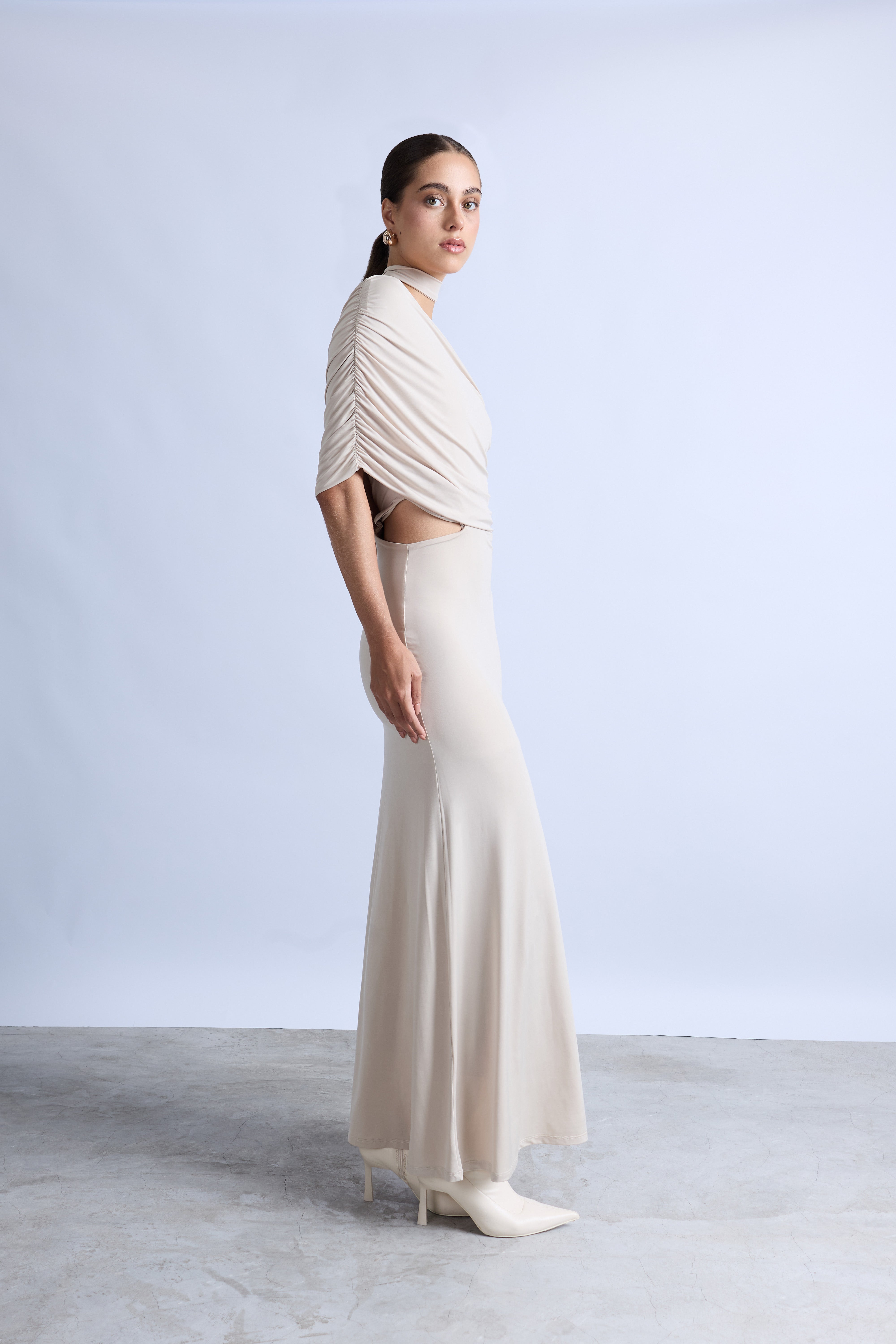 Vestido Asimétrico Drapeado - Beige