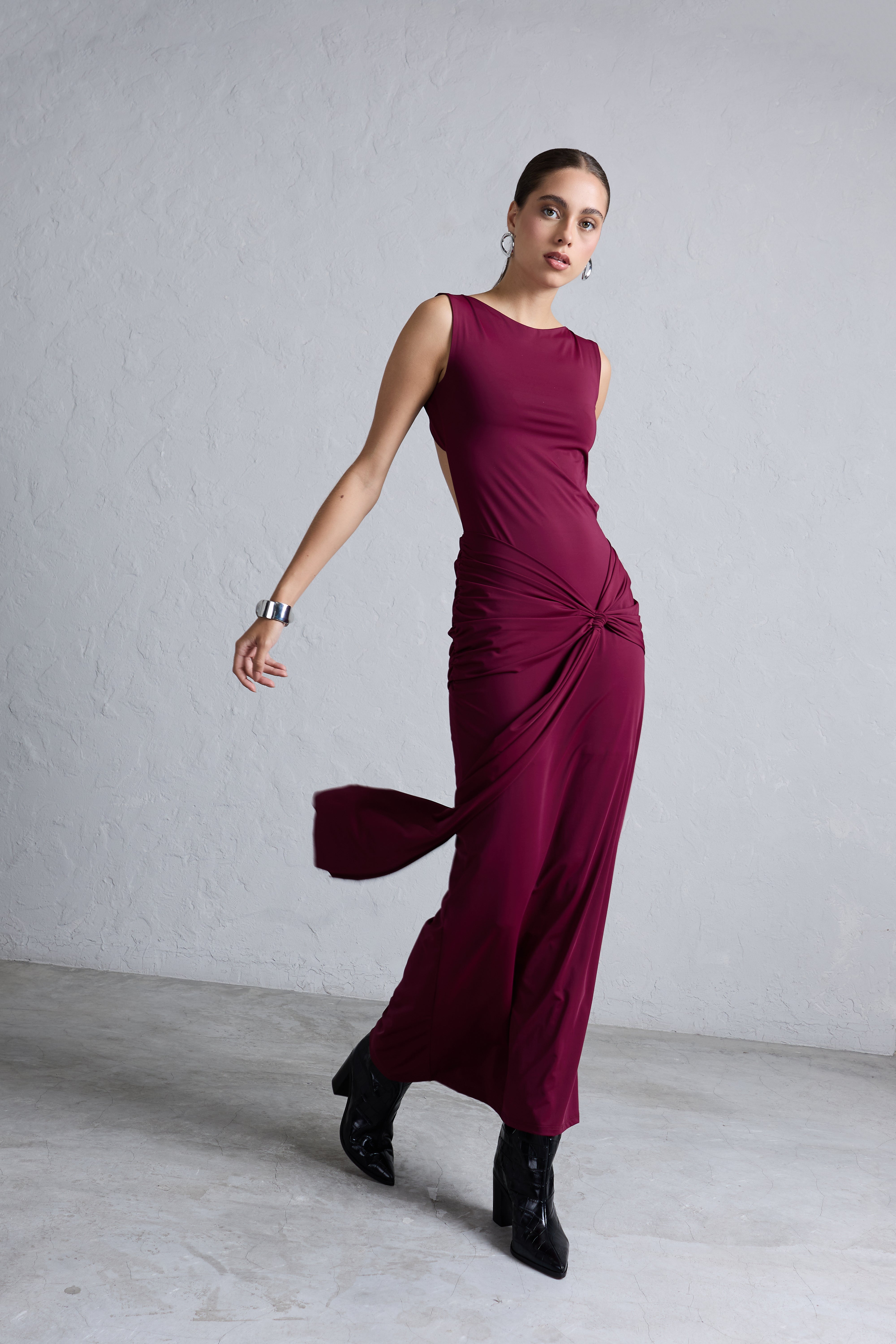 Vestido Drapeado con Caída - Burgundy