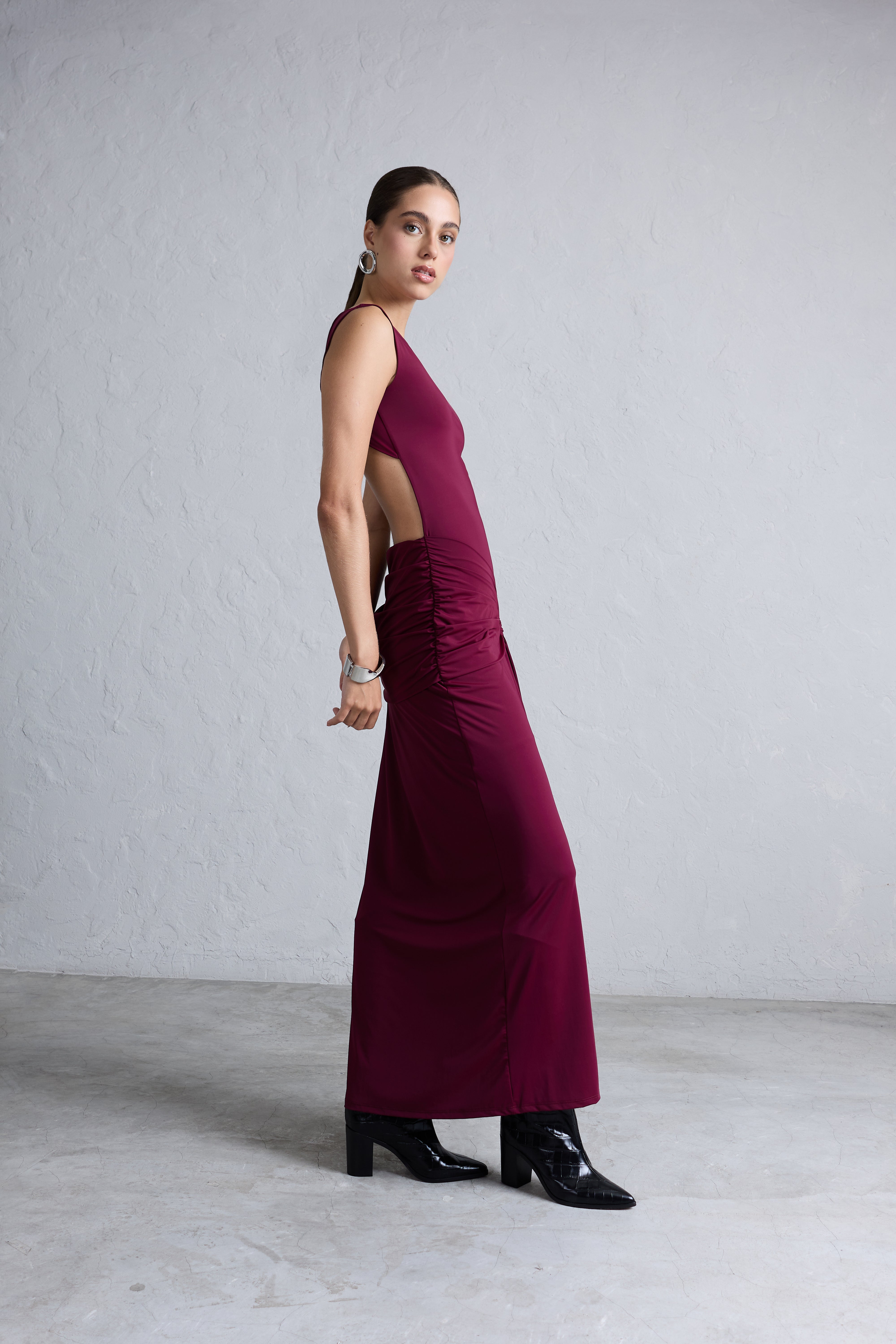 Vestido Drapeado con Caída - Burgundy