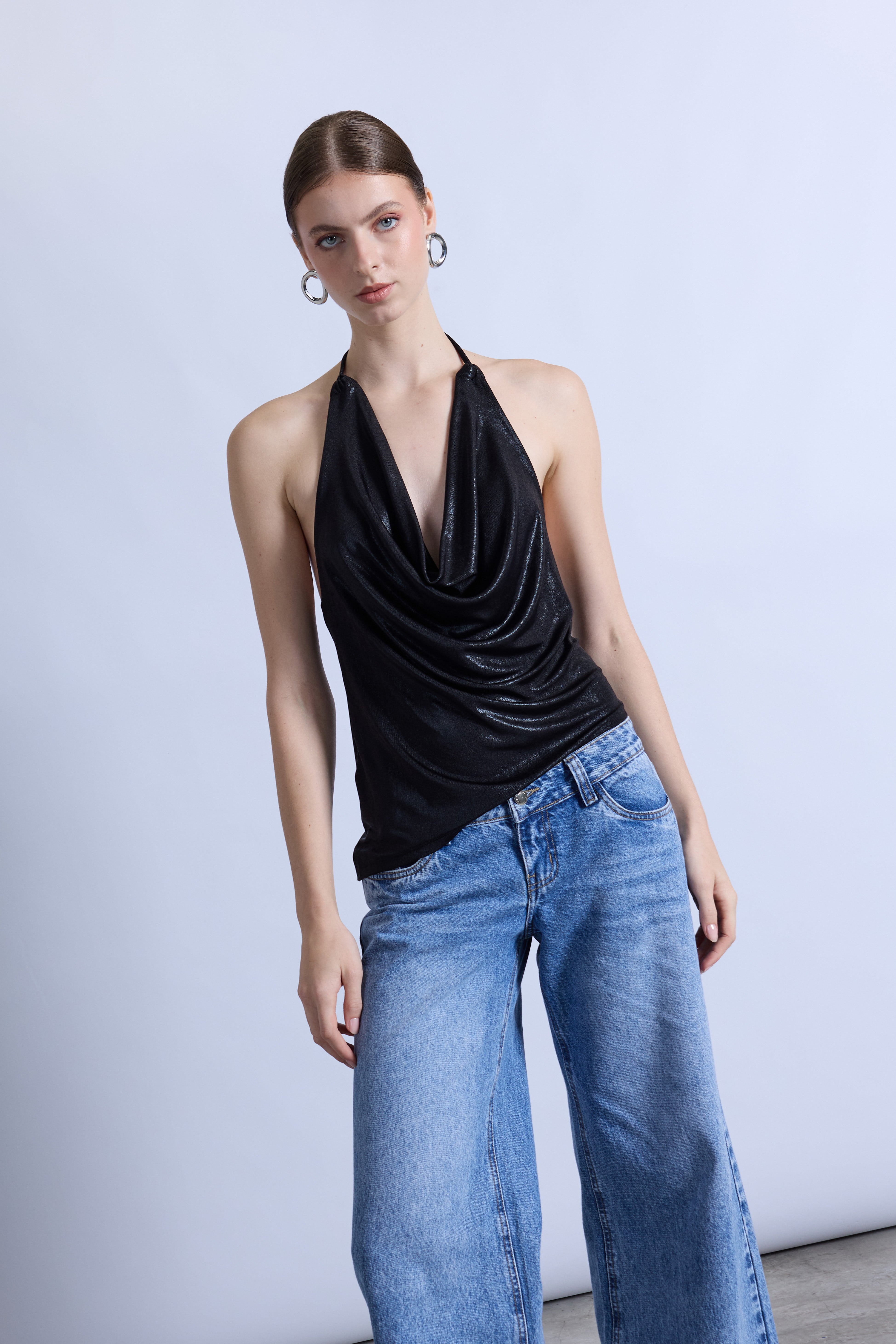 Top Halter Drapeado Brillo - Negro