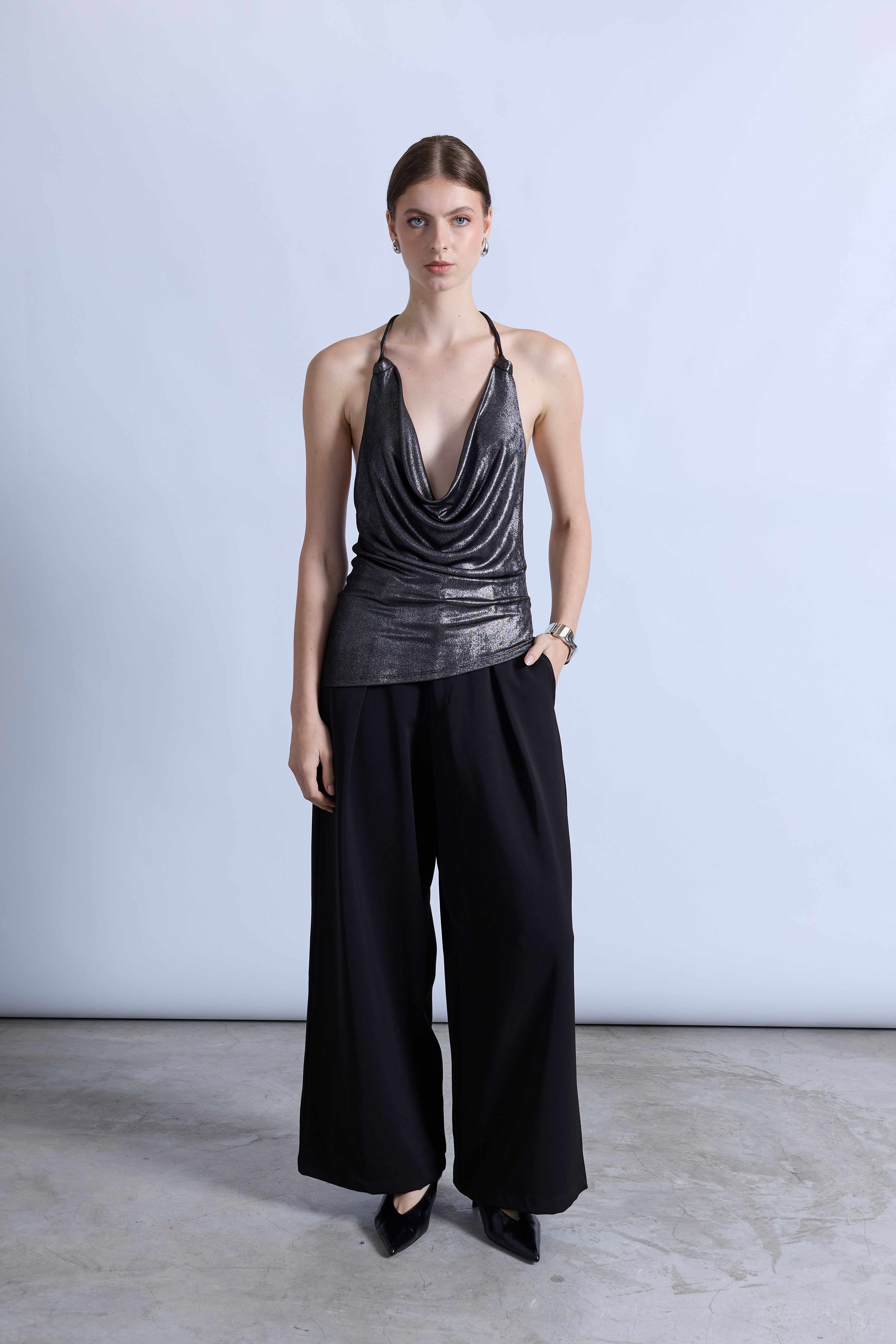 Top Halter Drapeado Brillo - Negro Silver