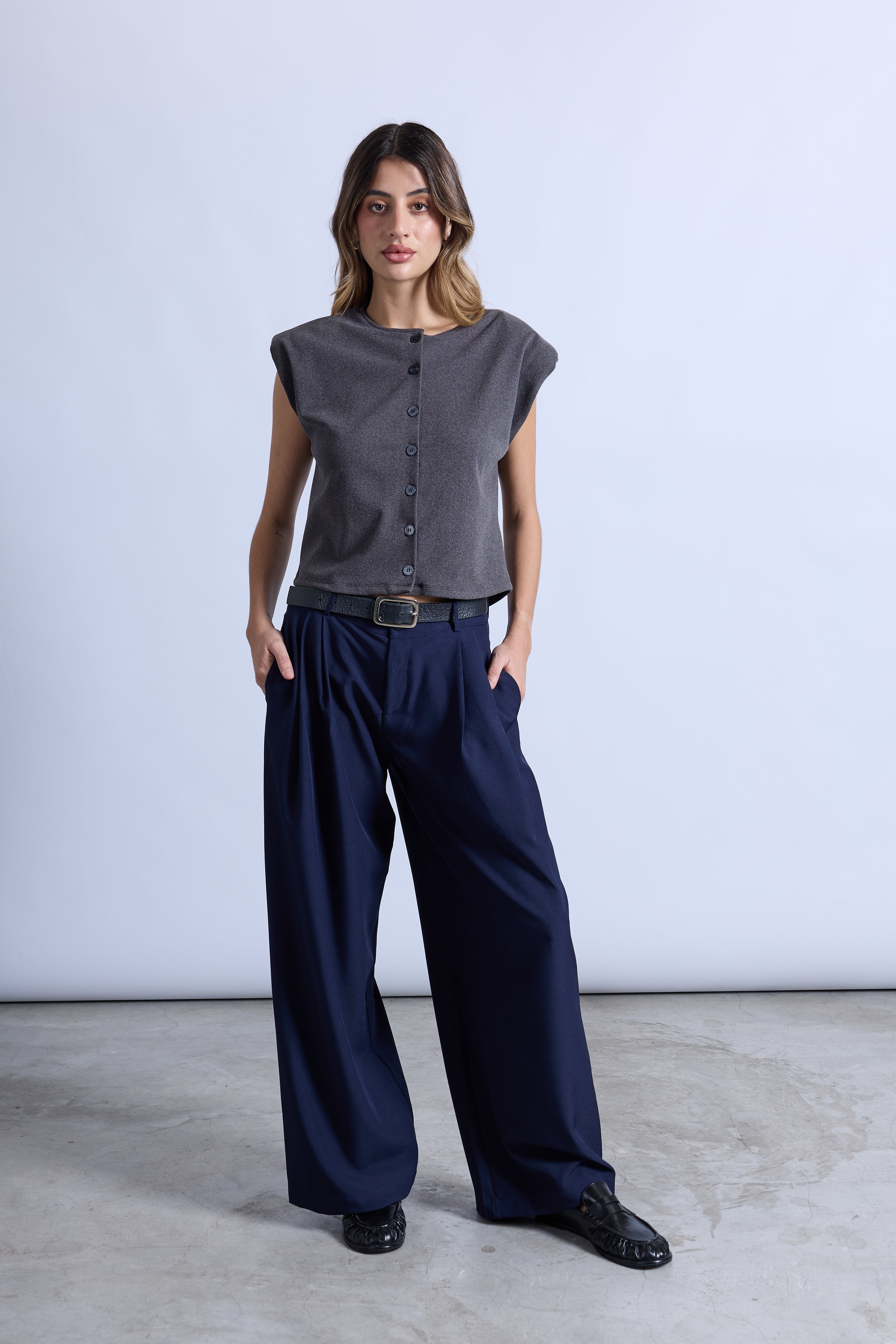 Pantalón Wide Leg Pliegues - Azul Marino