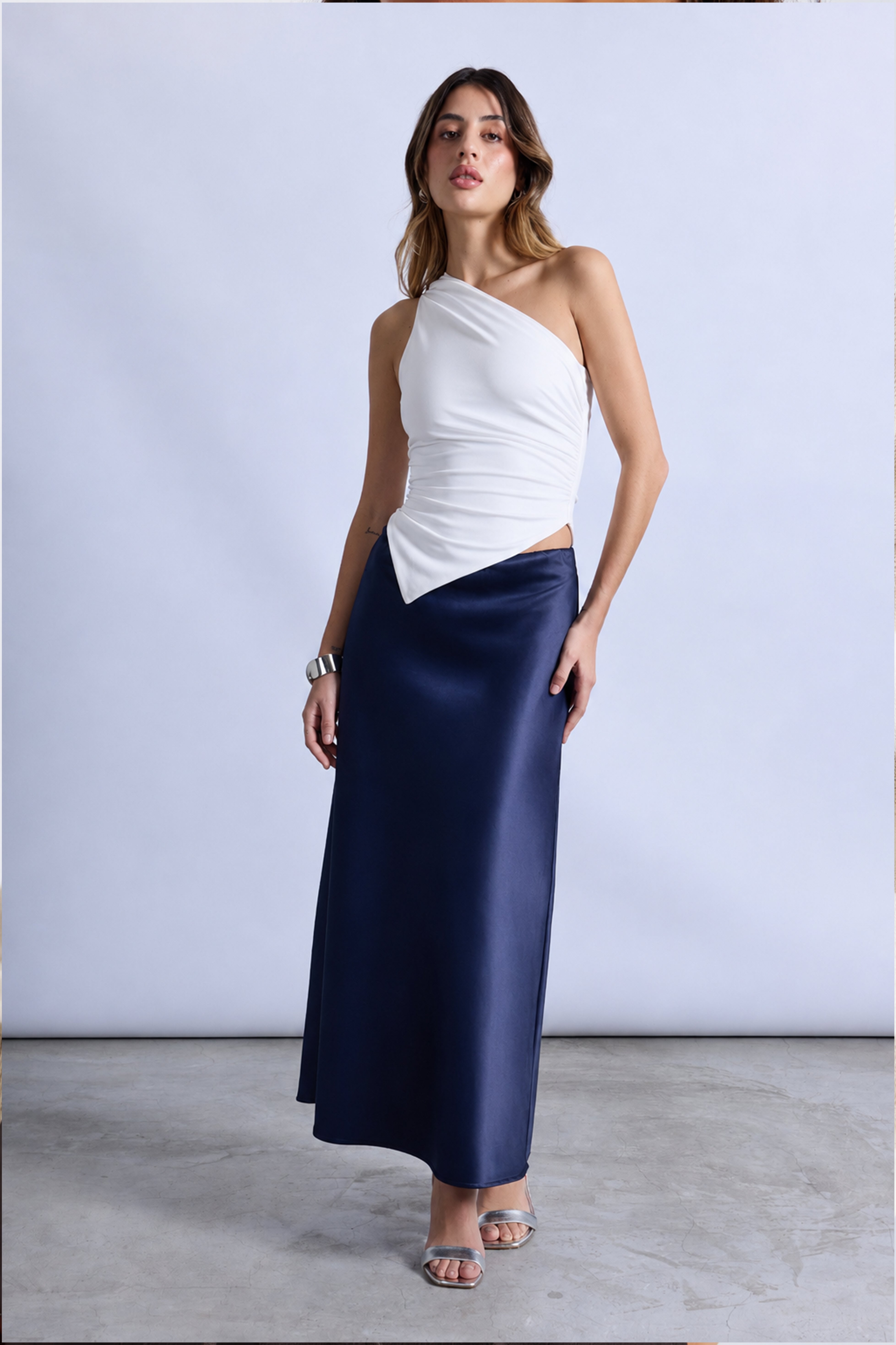Falda Midi Satinada - Azul