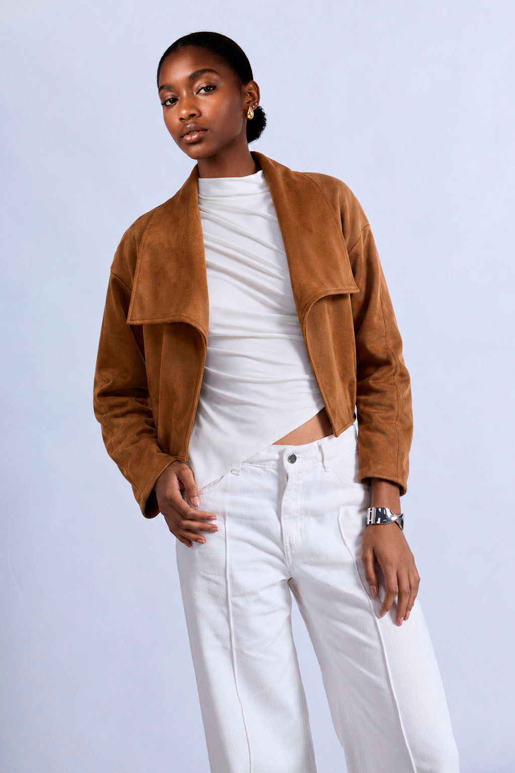 Chaqueta Cropped Solapa Amplia - Camell
