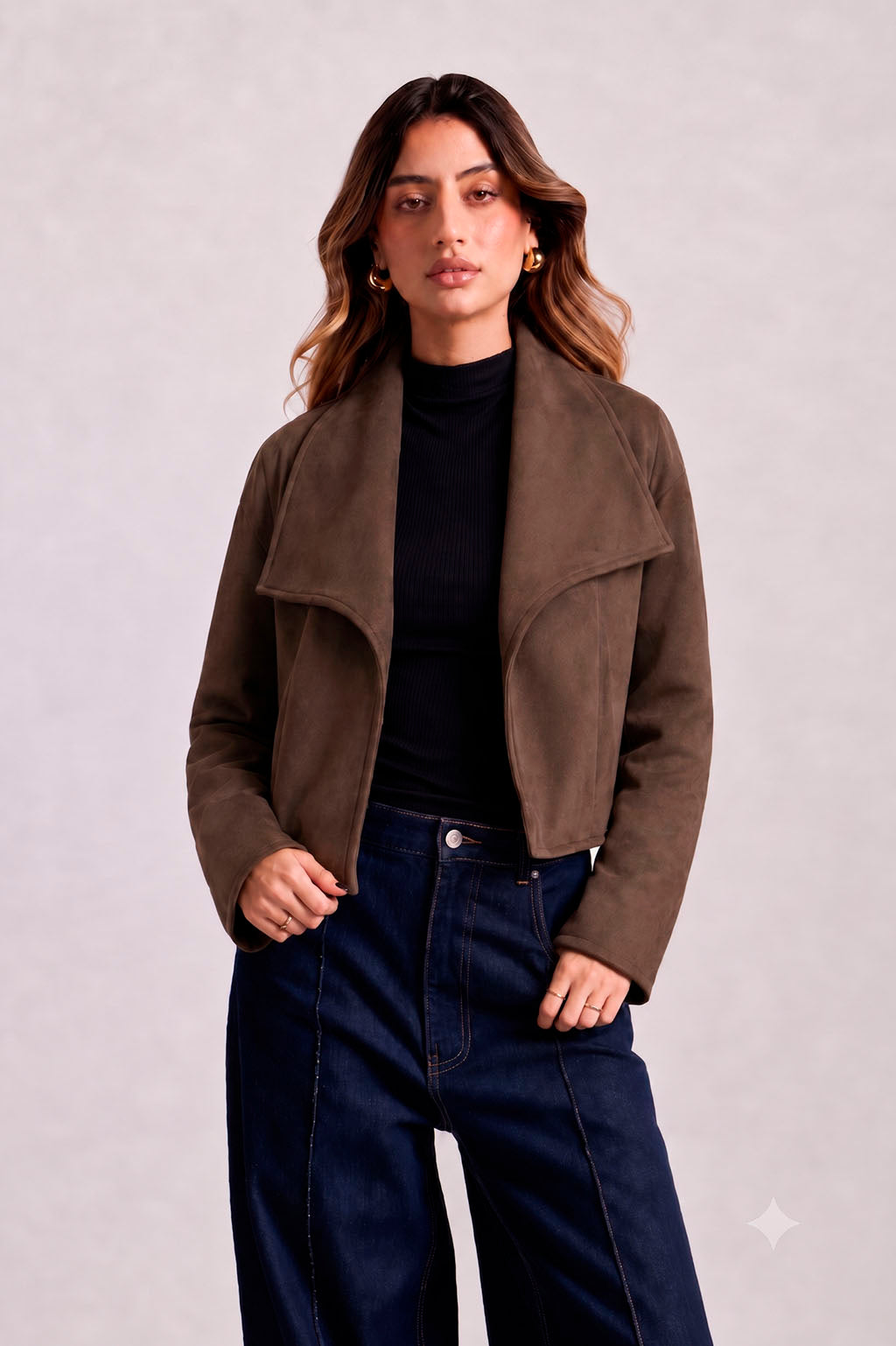 Chaqueta Cropped Solapa Amplia - Marrón