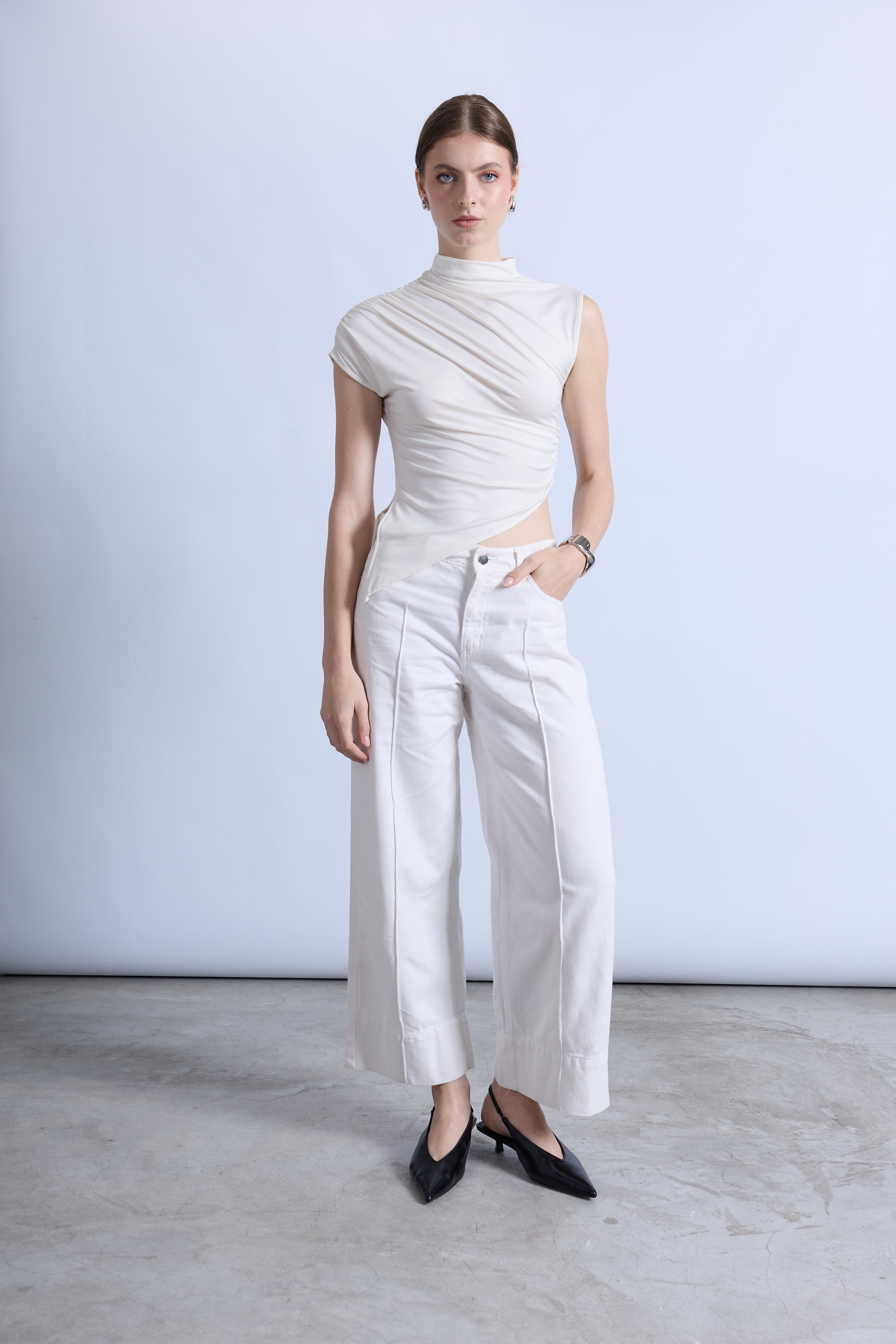 Top Drapeado Cuello Mock - Perla