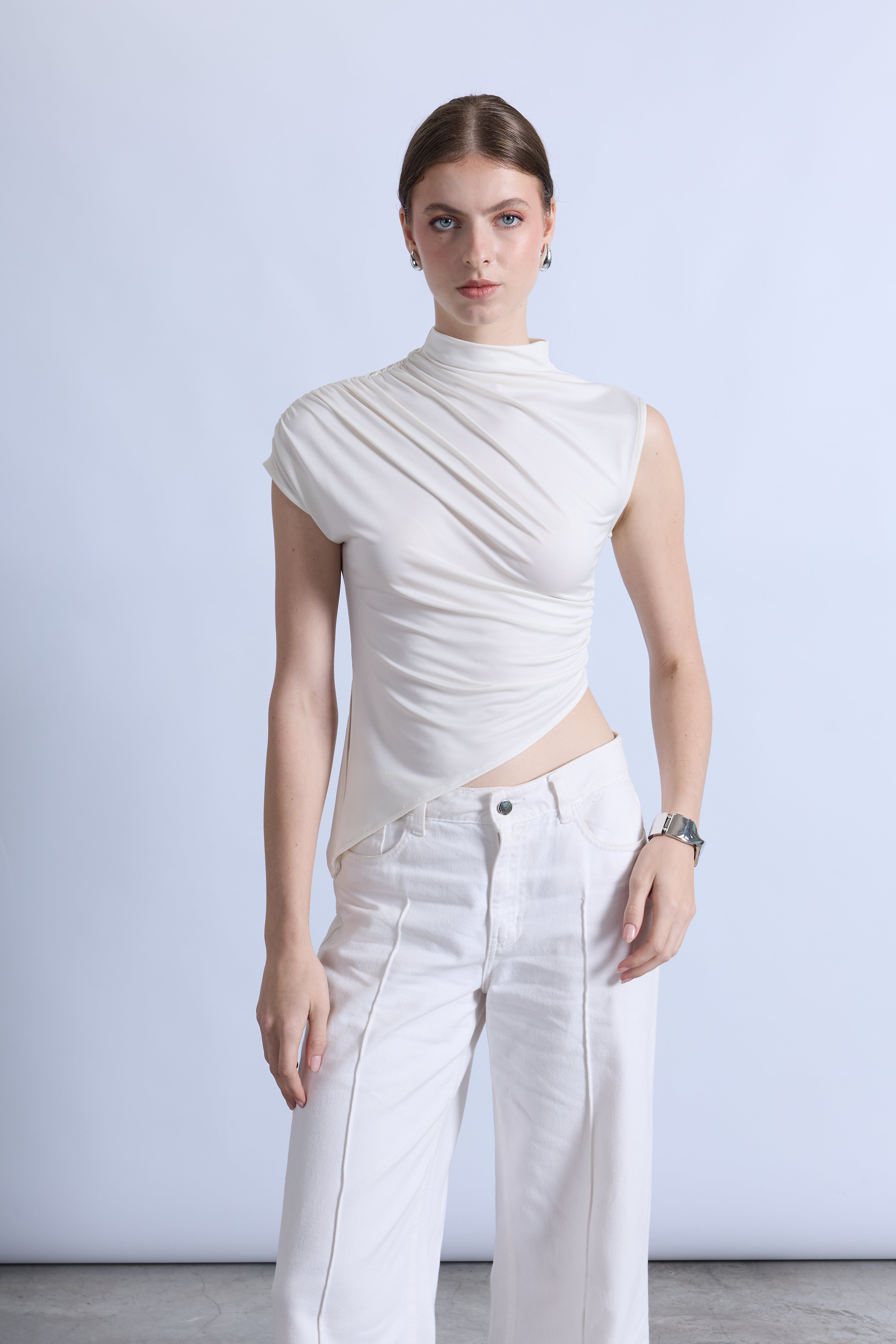 Top Drapeado Cuello Mock - Perla