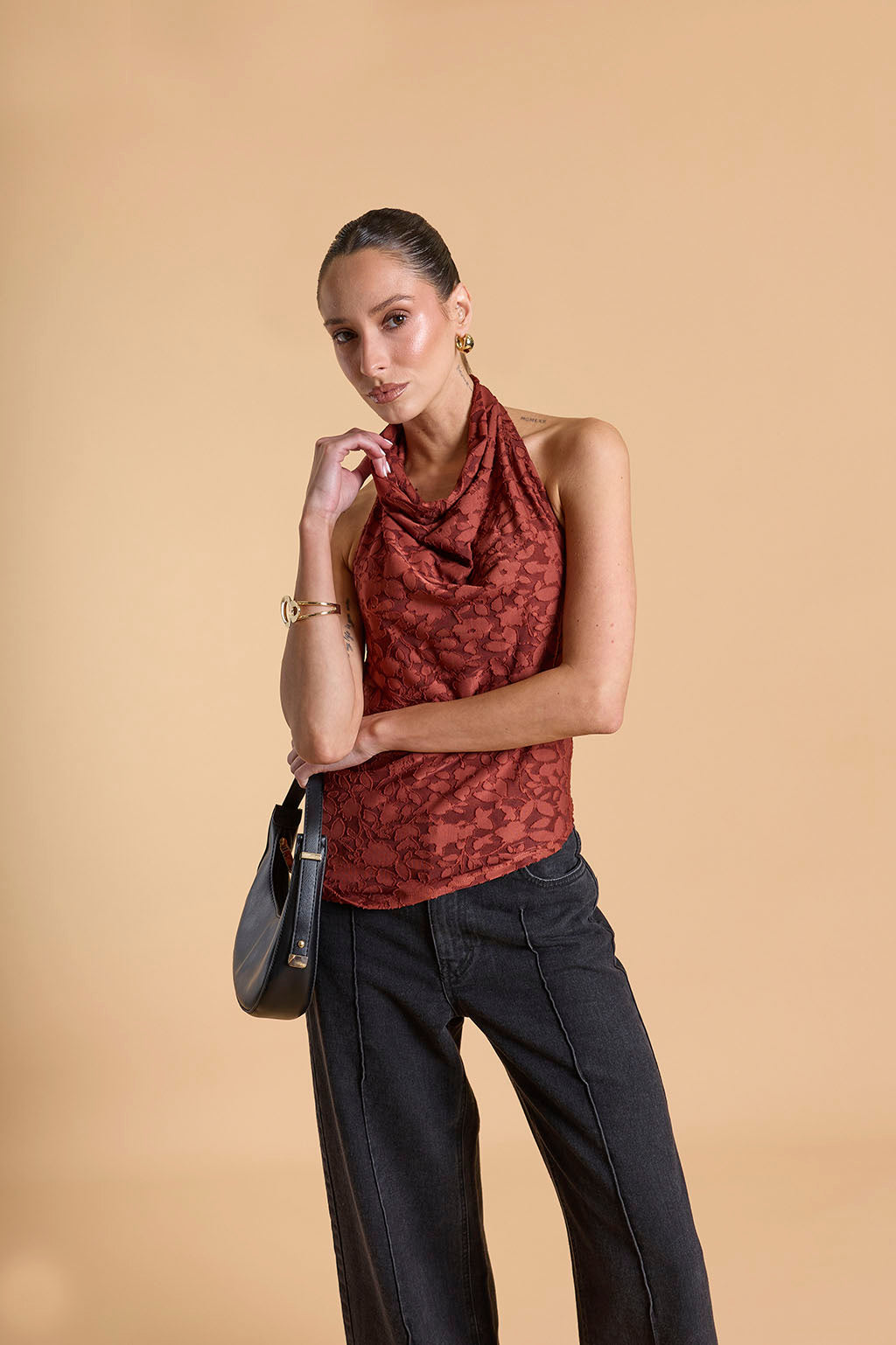 Top Halter Drapeado Textura - Terracota
