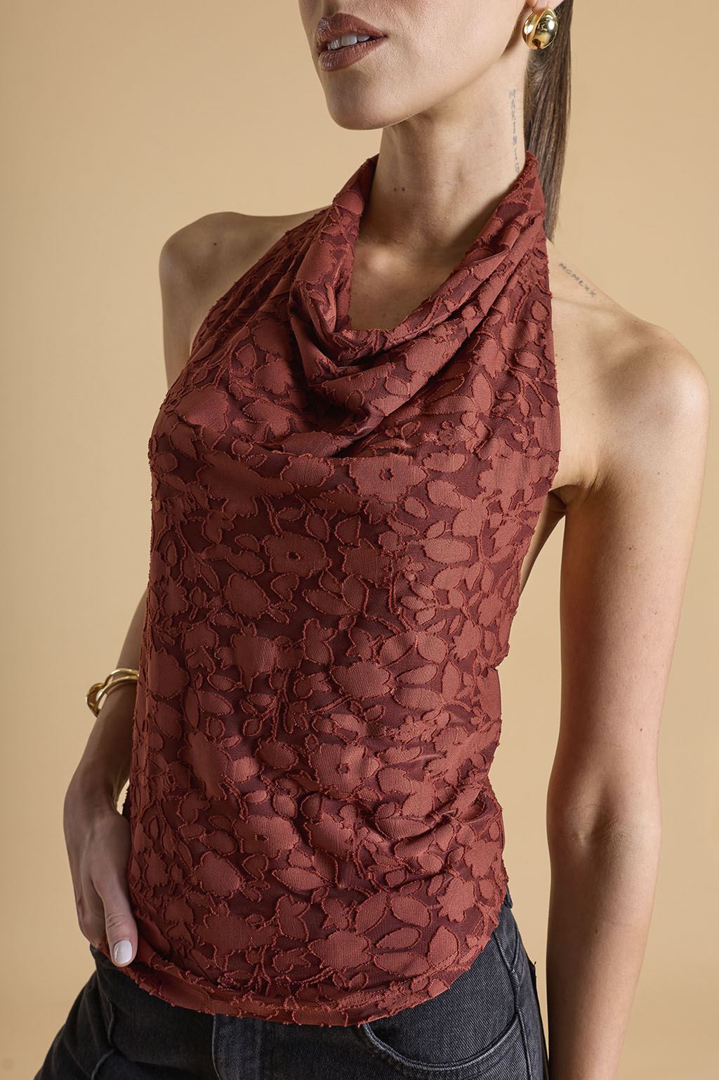 Top Halter Drapeado Textura - Terracota