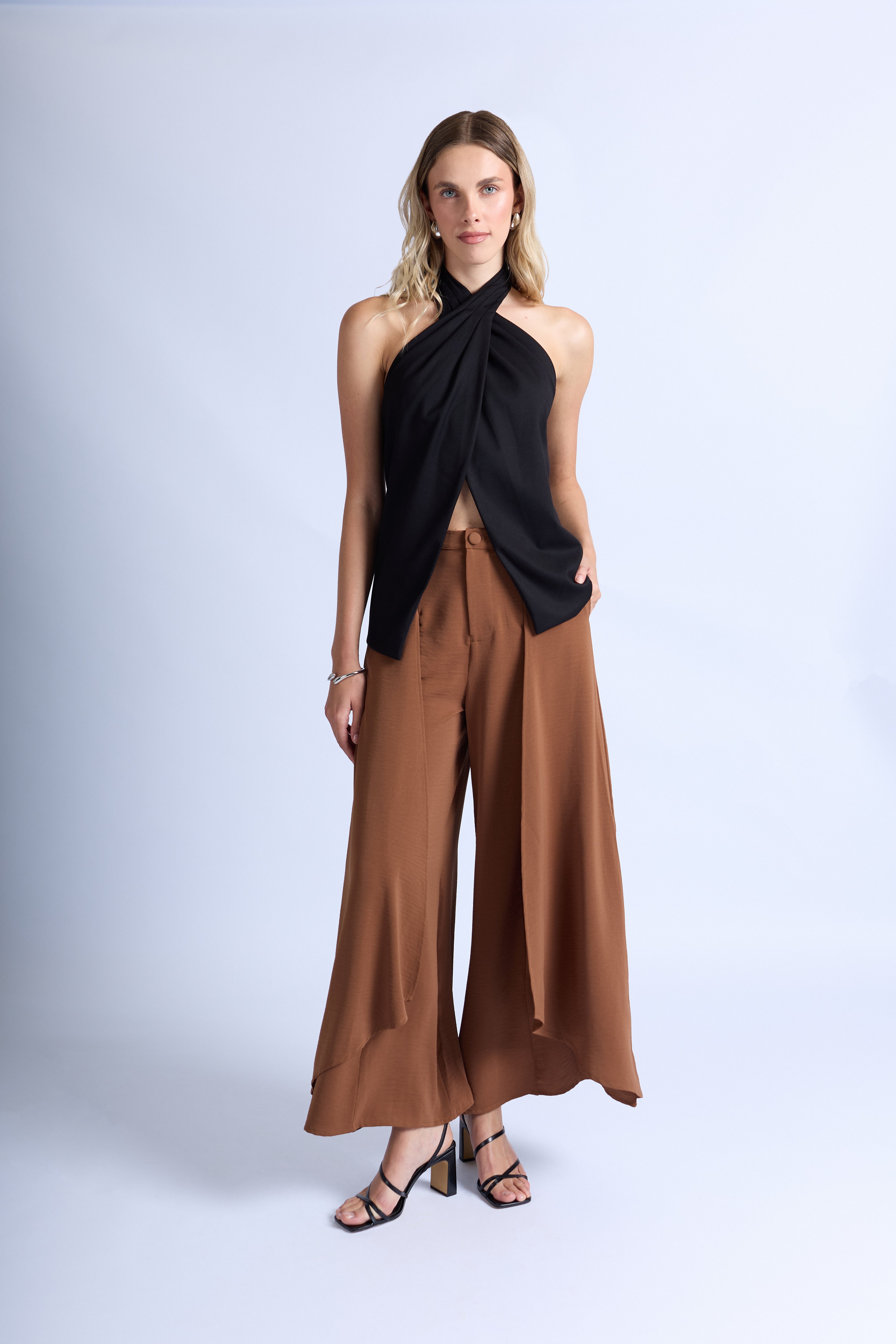 Pantalón Fluido con Volantes - Marrón
