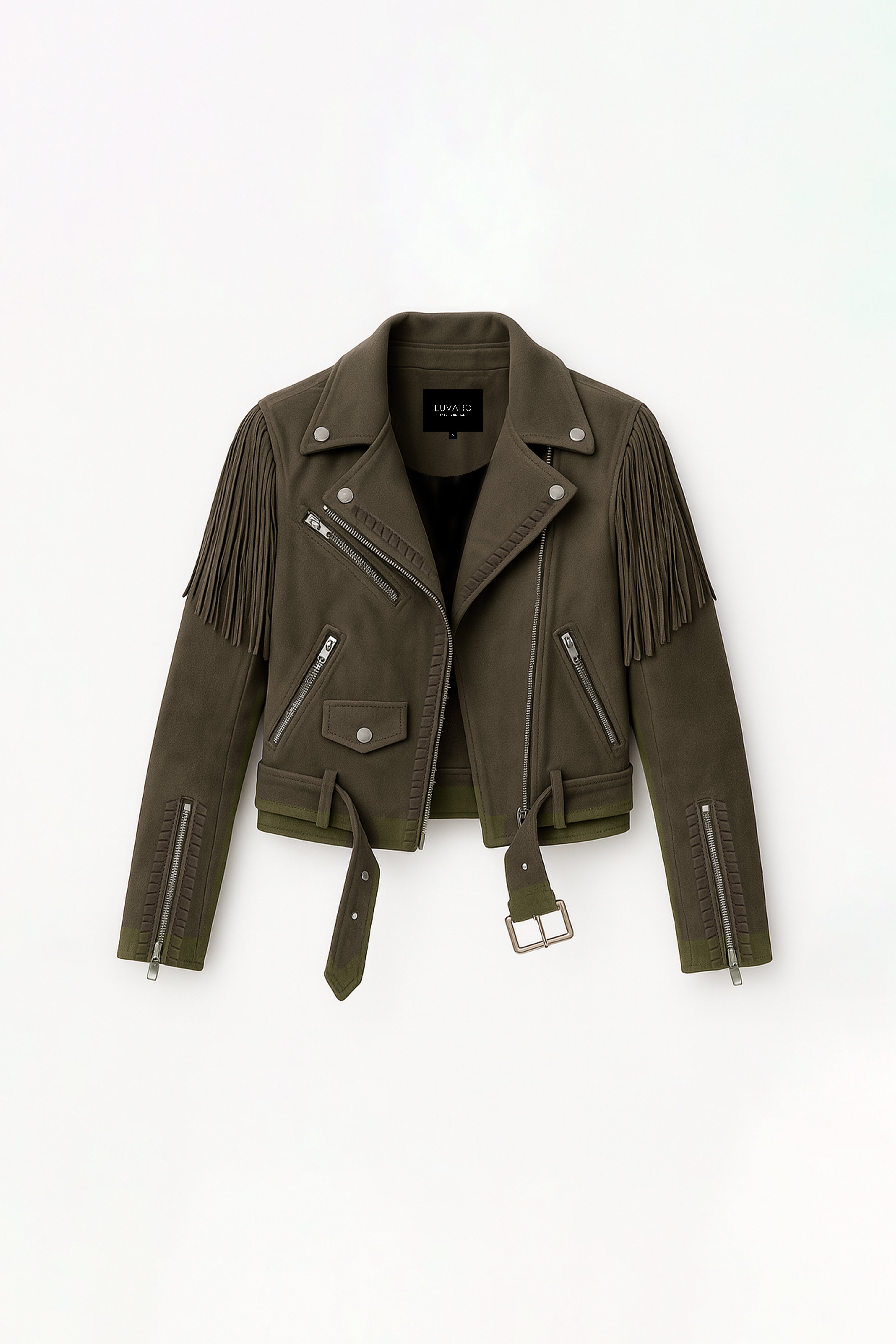 Cazadora Biker de Suede con Flecos - Verde