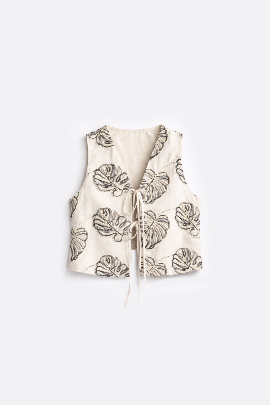 Chaleco Bordado Hojas - Beige con Negro