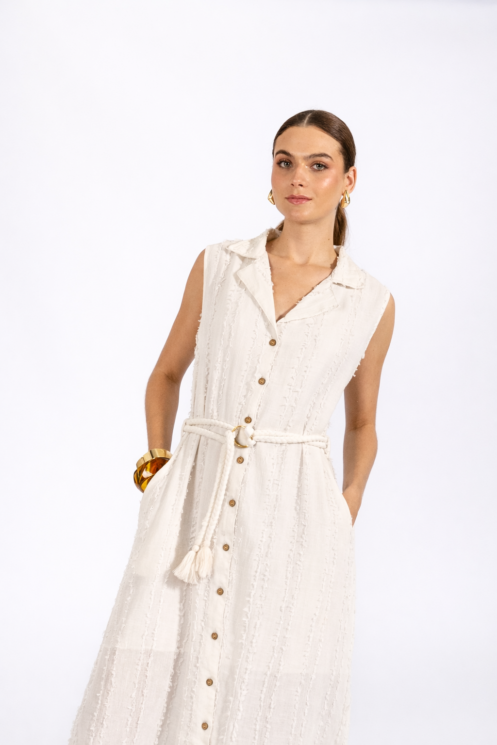 Vestido Camisero Textura - Blanco