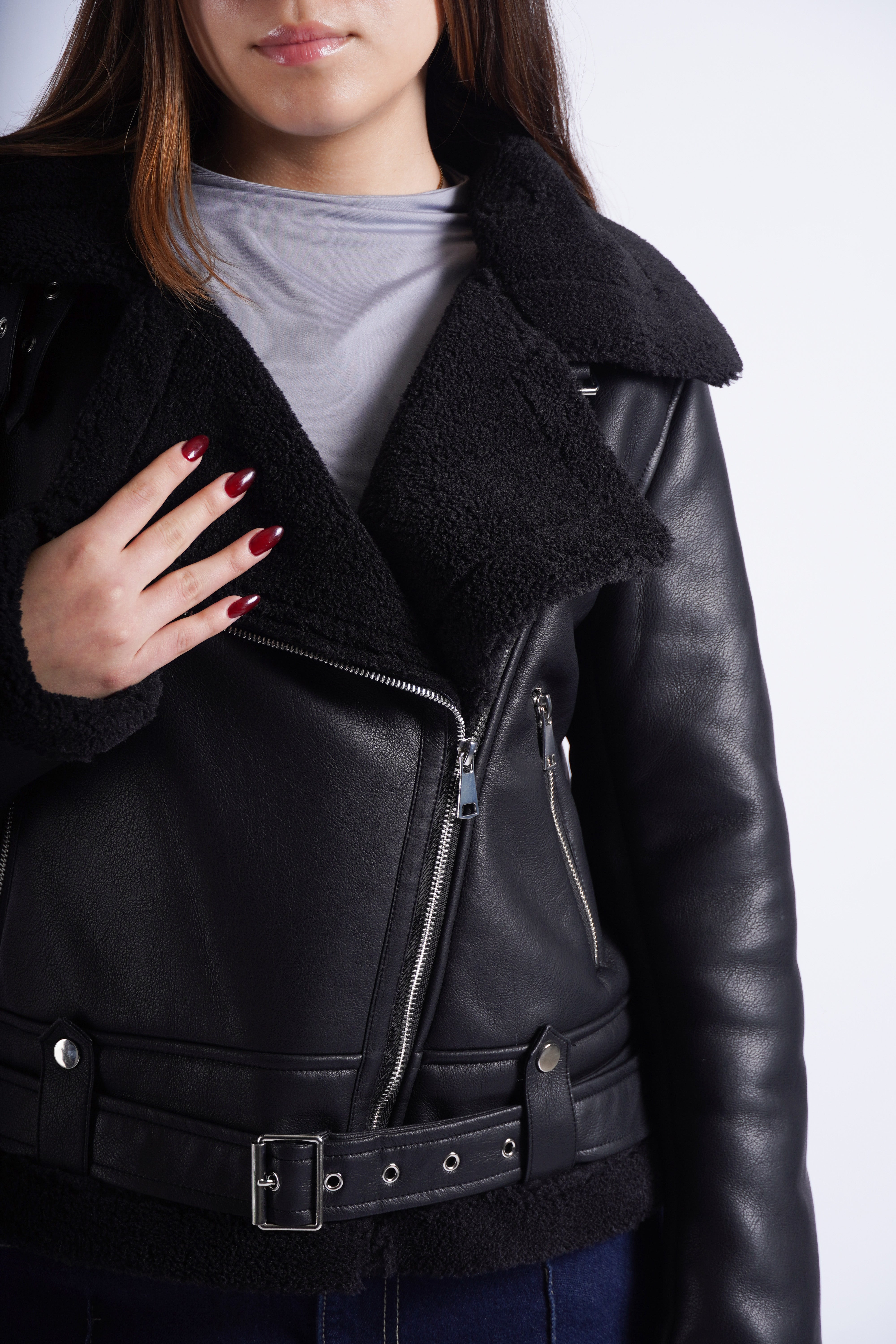 Cazadora Efecto Piel con Peluche - Negro