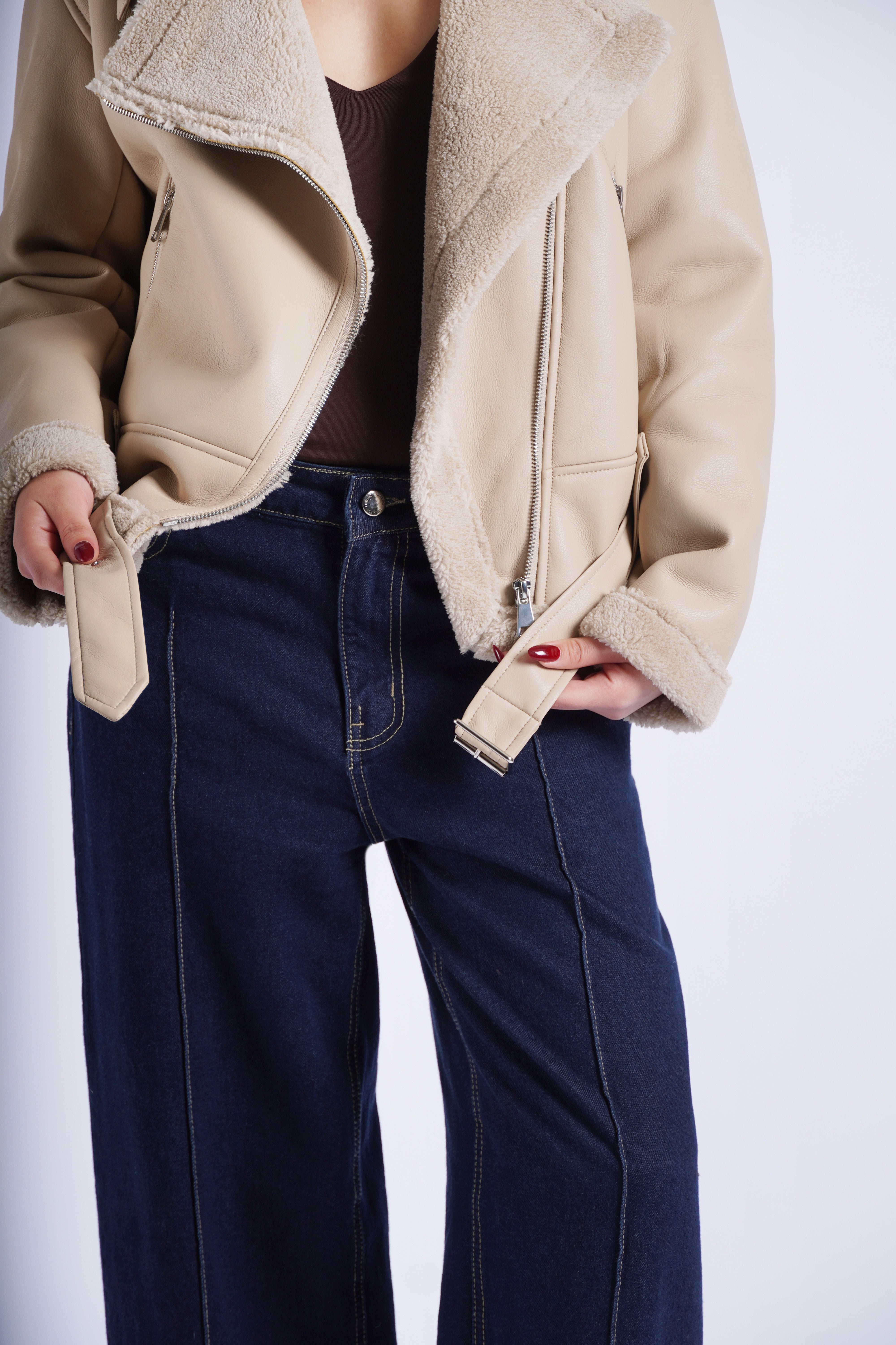 Cazadora Efecto Piel con Peluche - Beige
