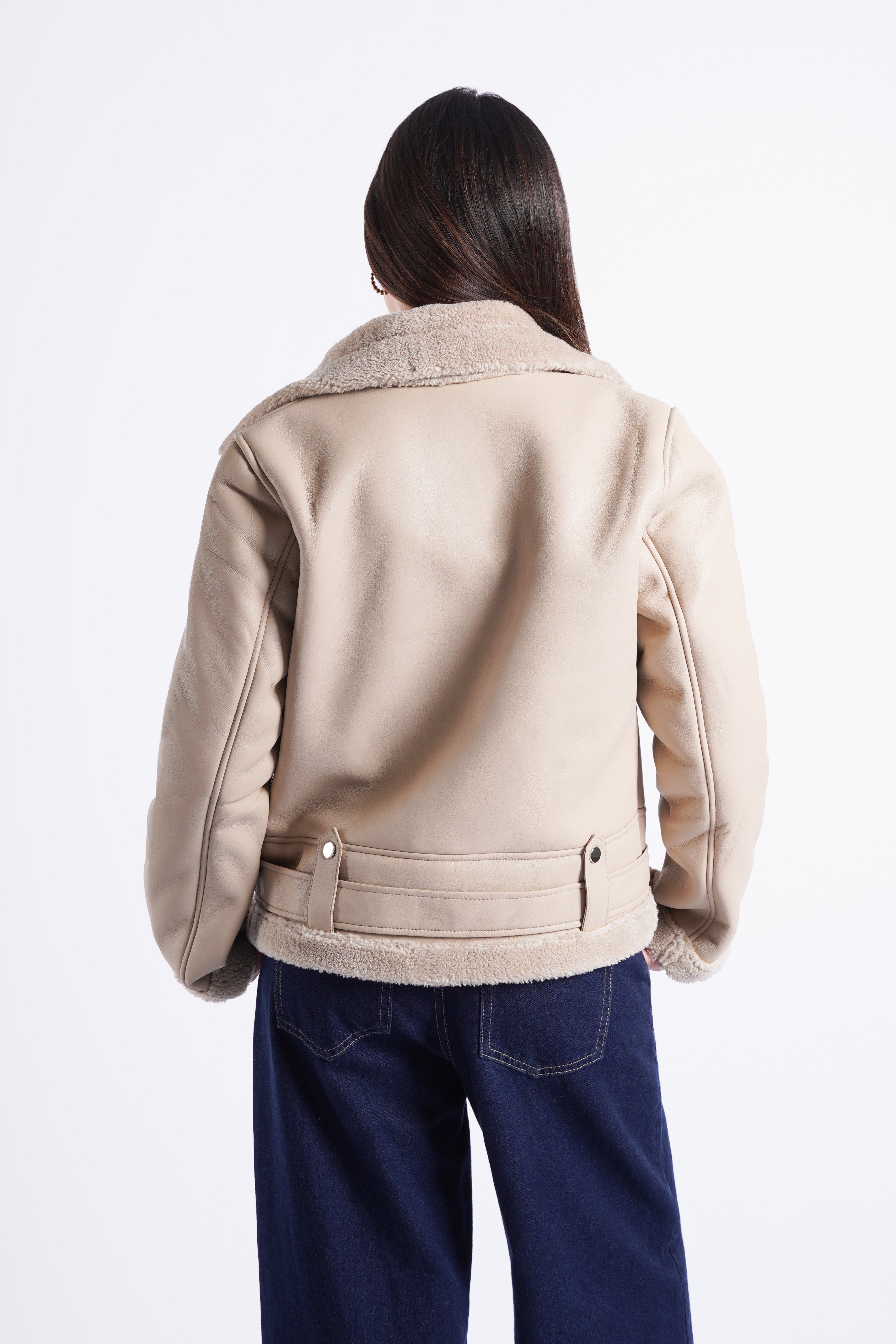 Cazadora Efecto Piel con Peluche - Beige