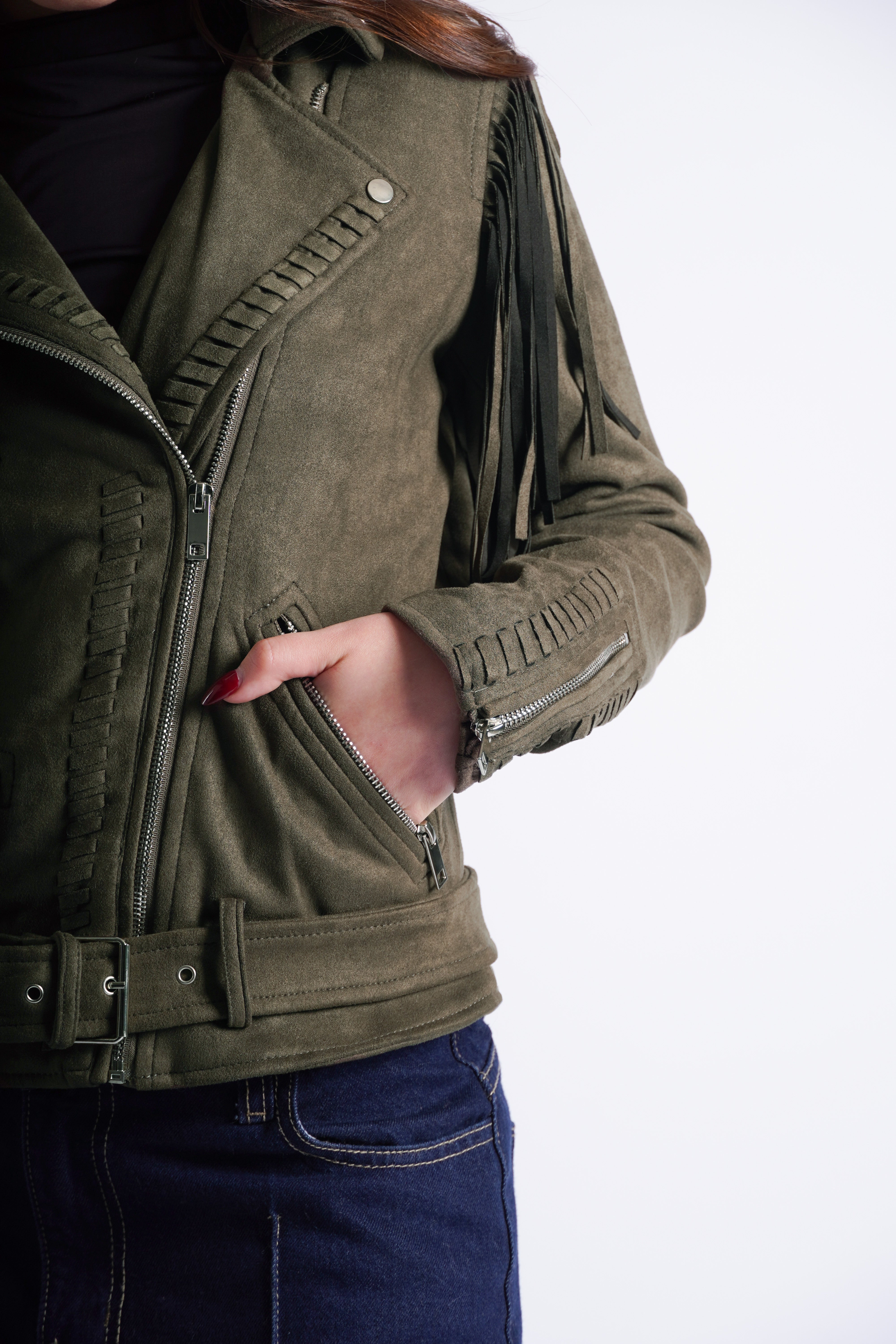 Cazadora Biker de Suede con Flecos - Verde