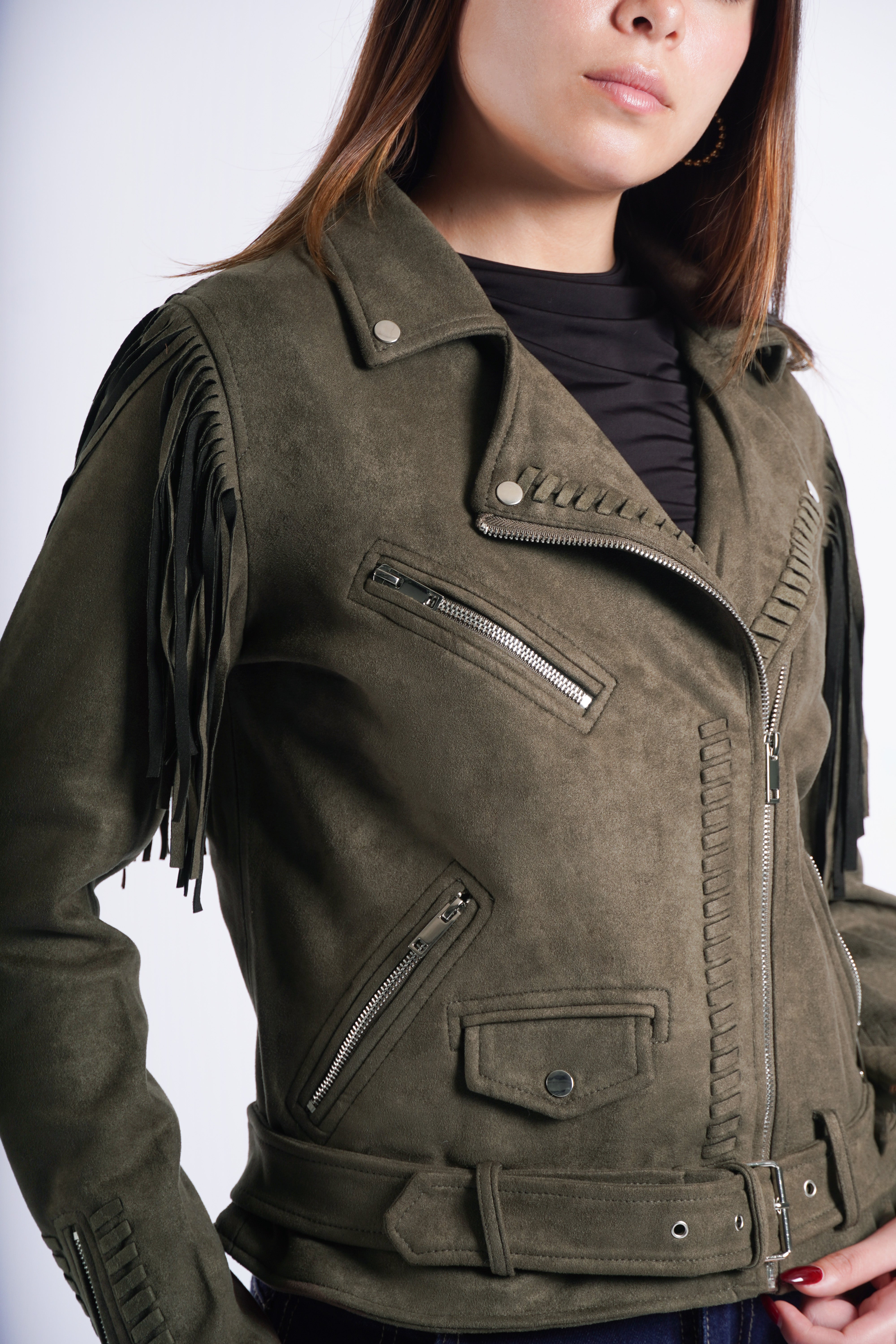 Cazadora Biker de Suede con Flecos - Verde