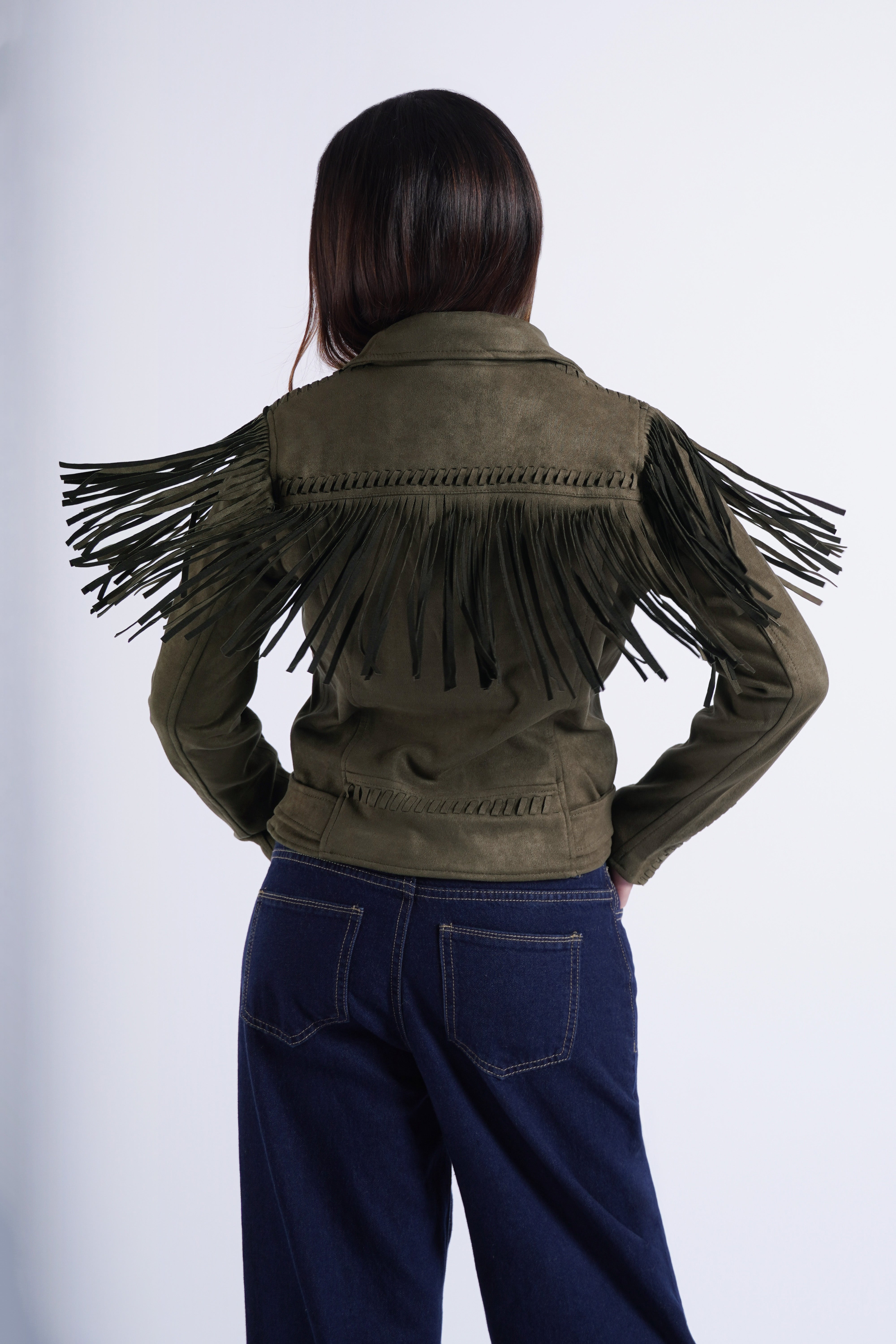 Cazadora Biker de Suede con Flecos - Verde
