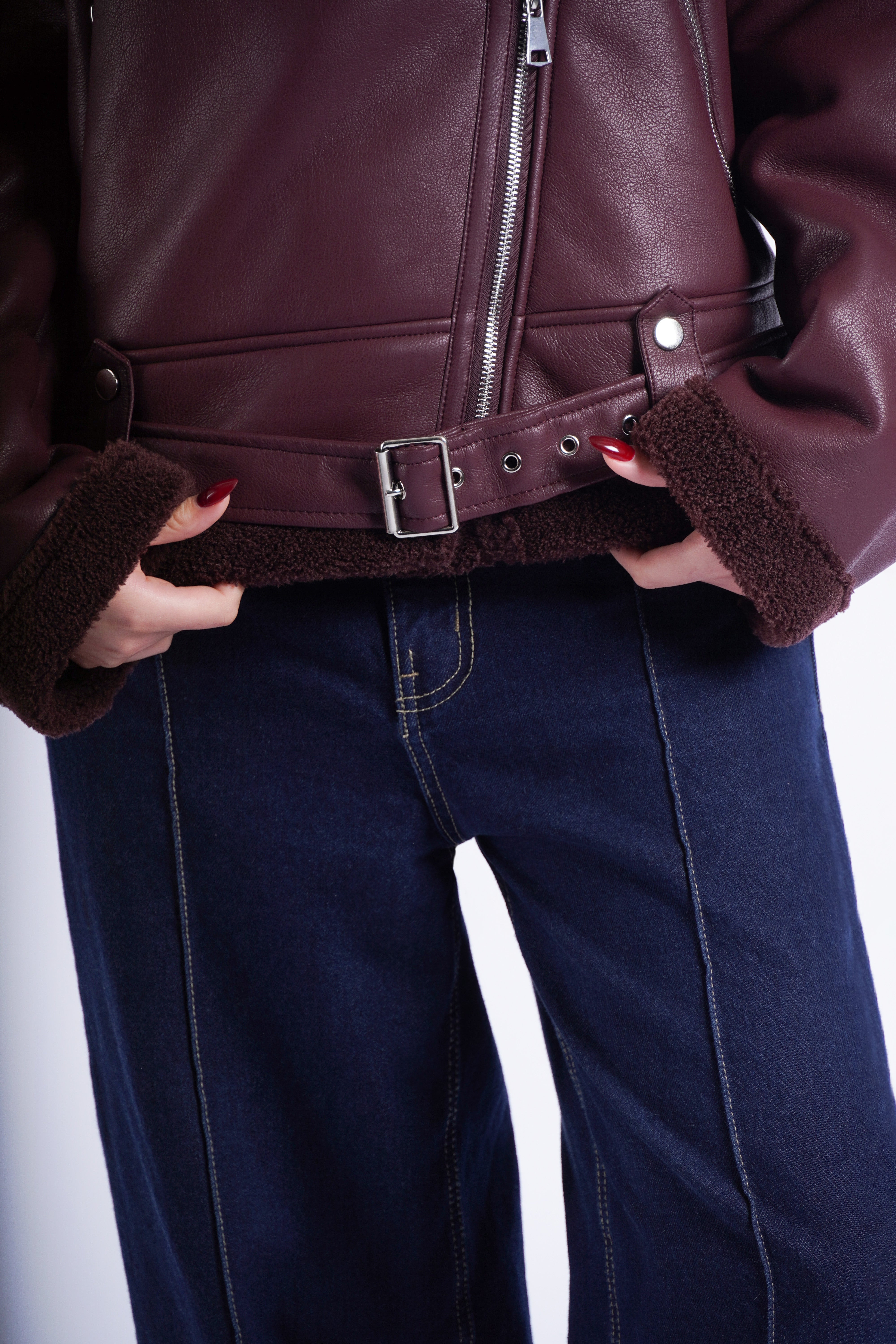 Cazadora Efecto Piel con Peluche - Burgundy