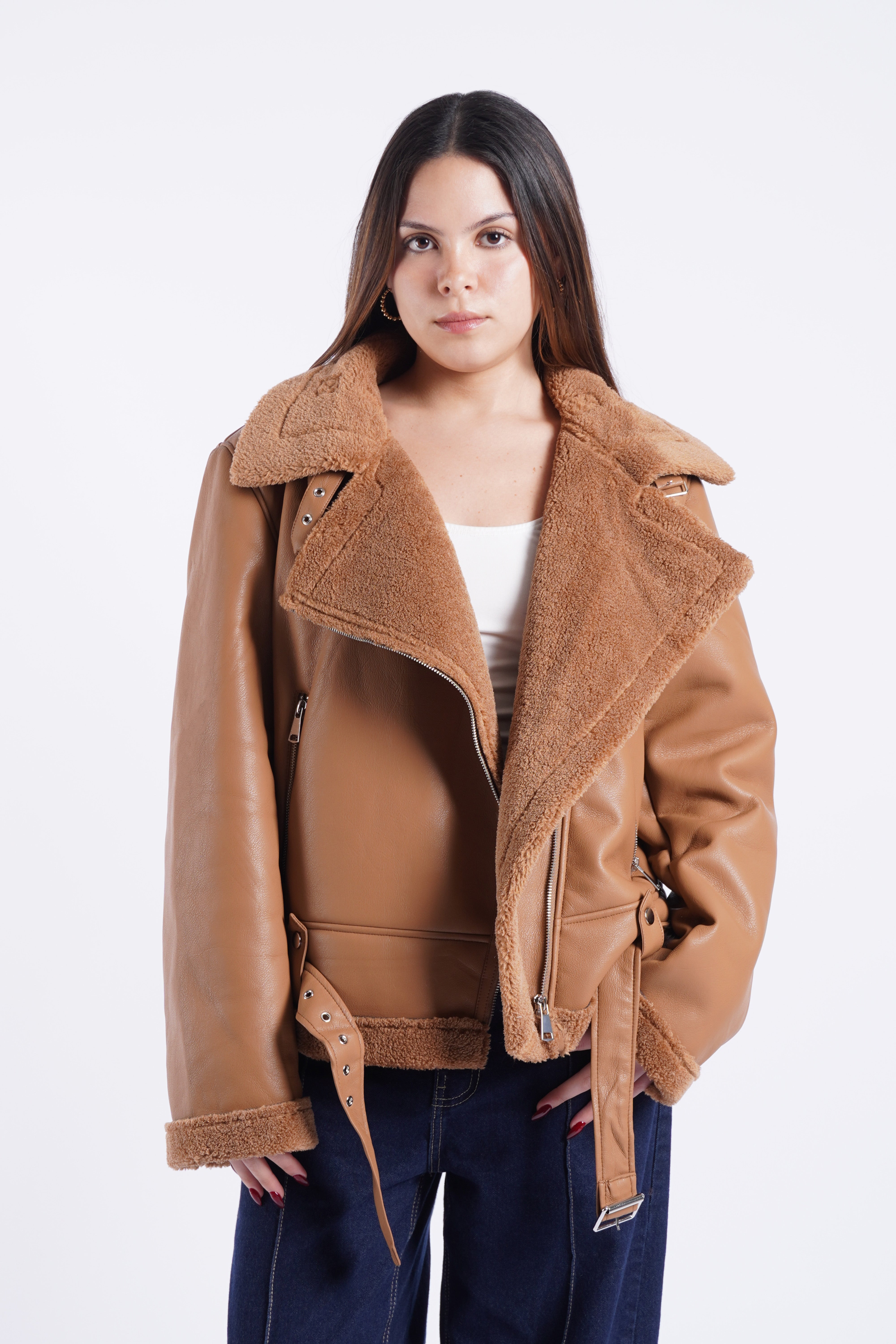 Cazadora Efecto Piel con Peluche - Camello