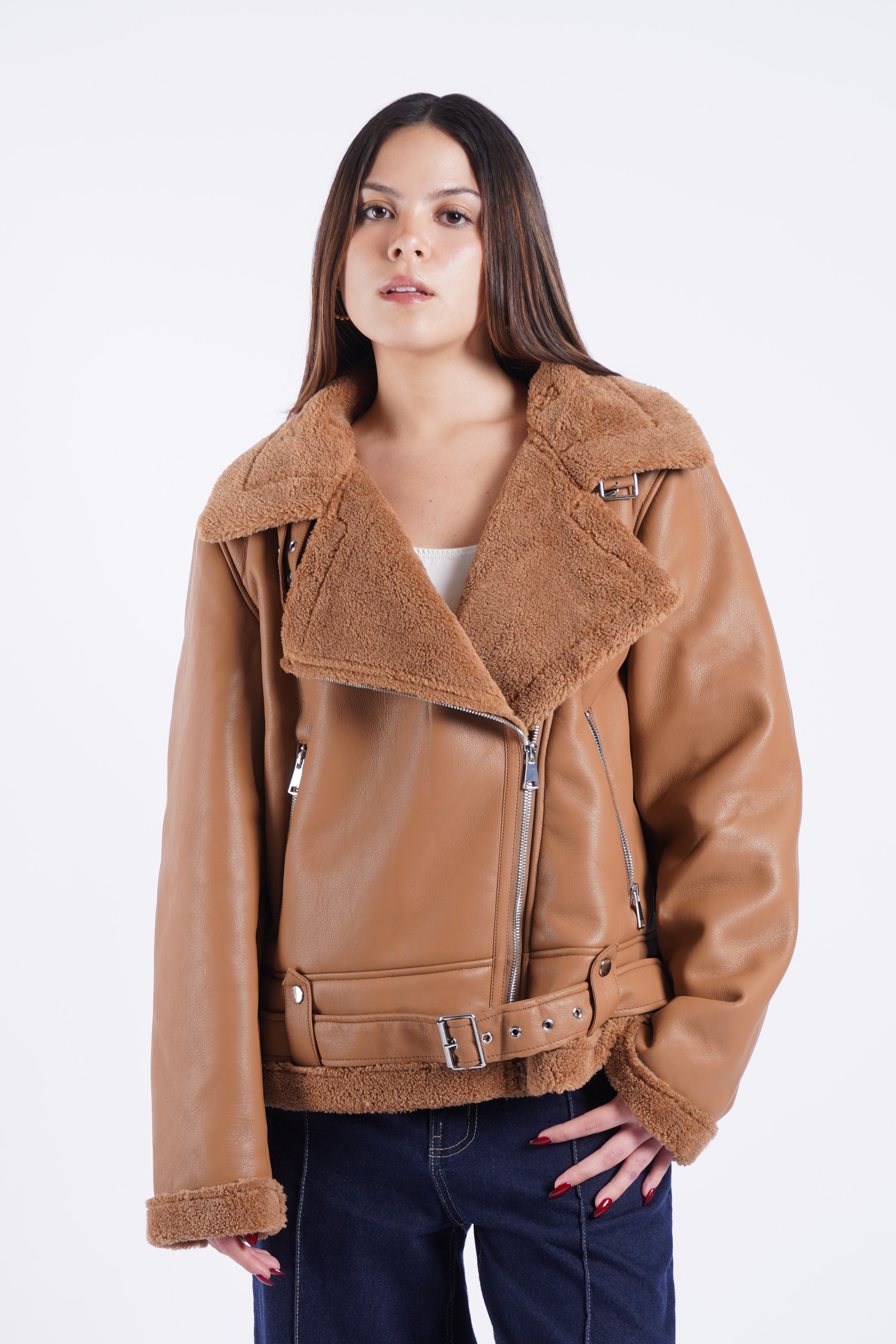 Cazadora Efecto Piel con Peluche - Camello