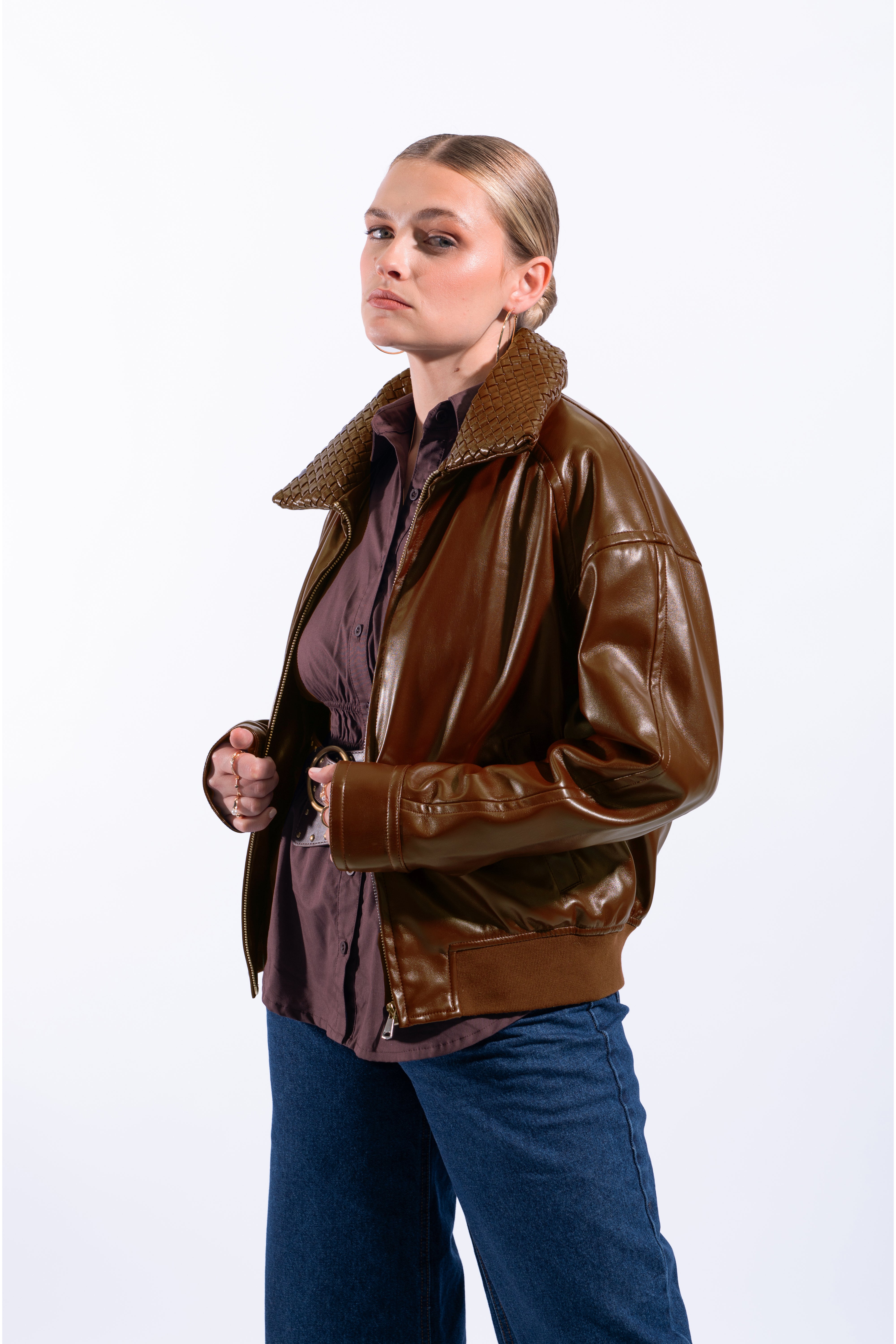 Casaca Leather Cuello Textura - Camel