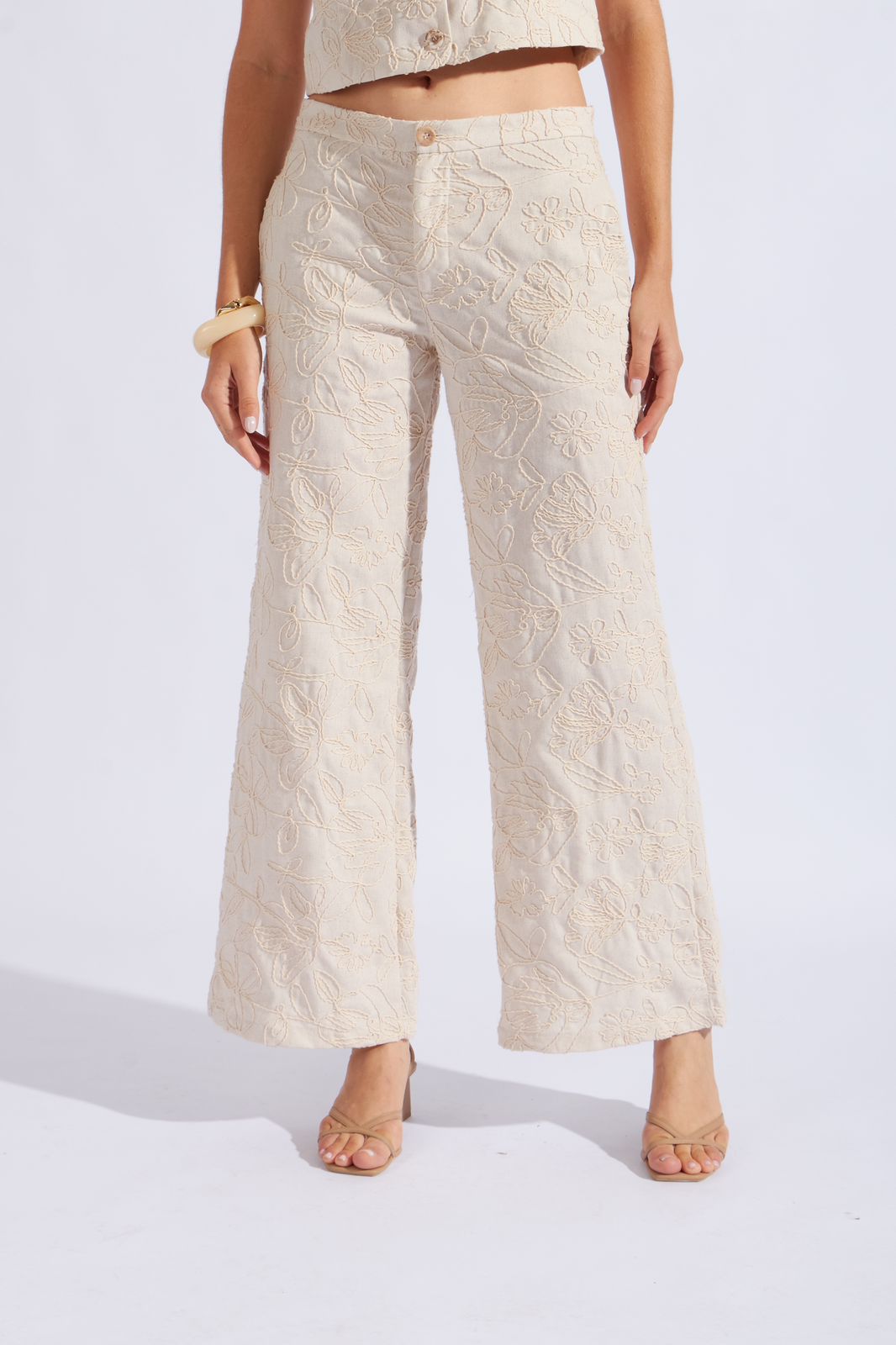 Pantalón Bordado Straight - Natural