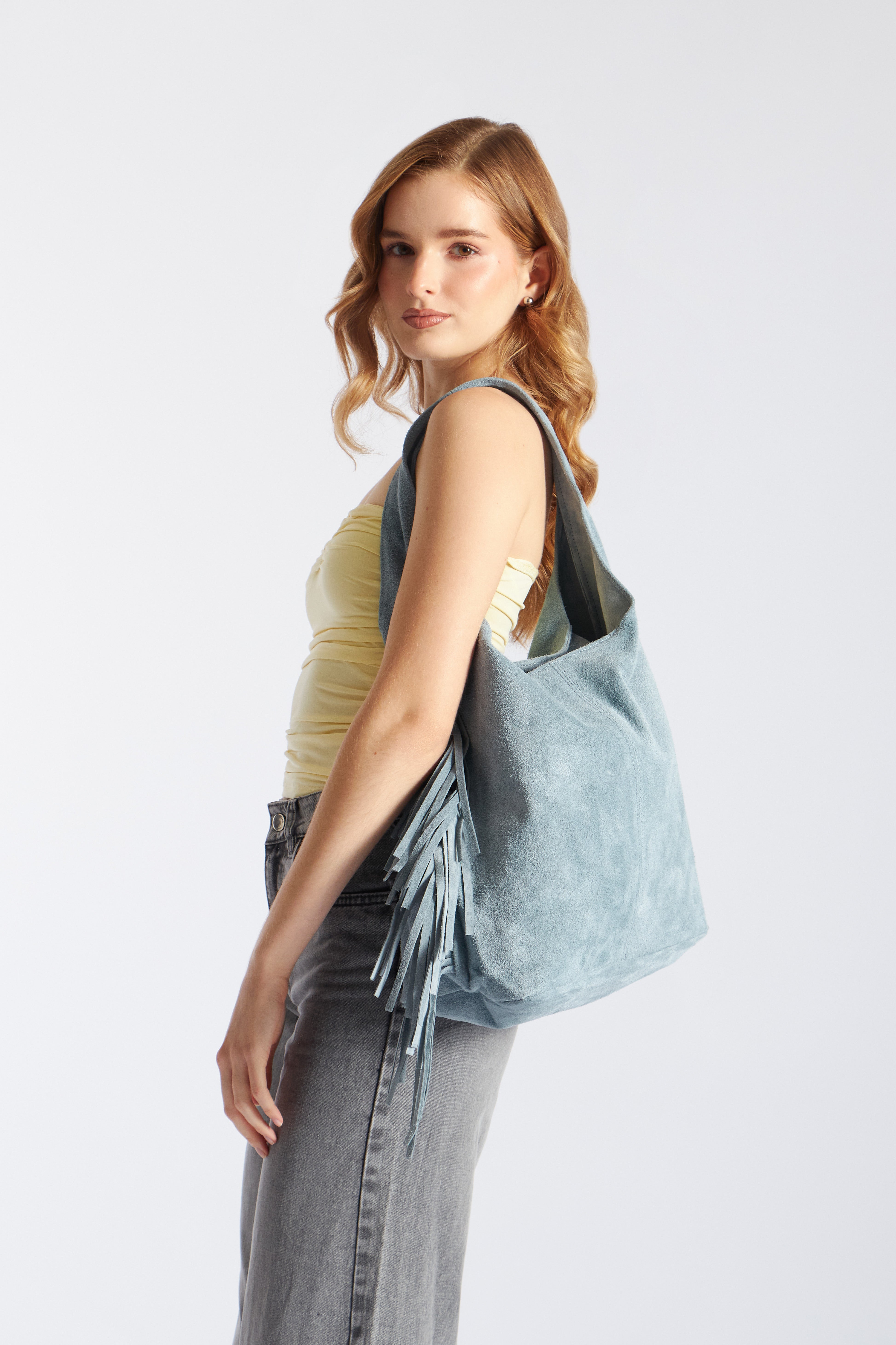 Bolso Boho Grande con Flecos - Celeste