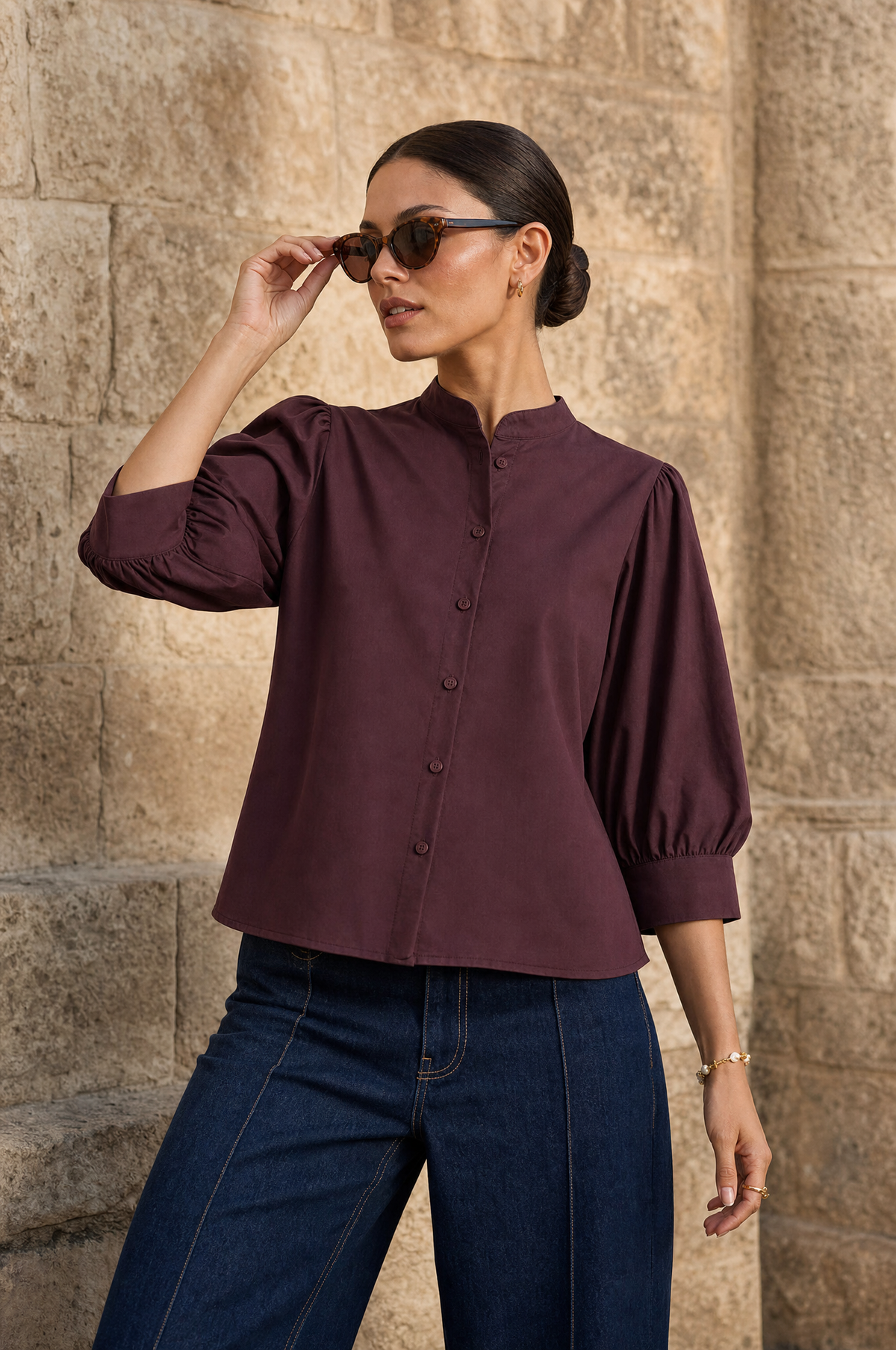 Blusa Manga Abullonada - Marrón - lifestyle