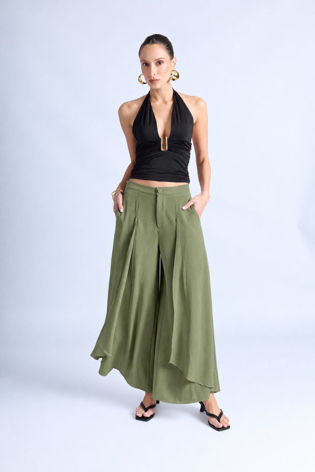 Pantalón Fluido con Volantes - Verde Olivo
