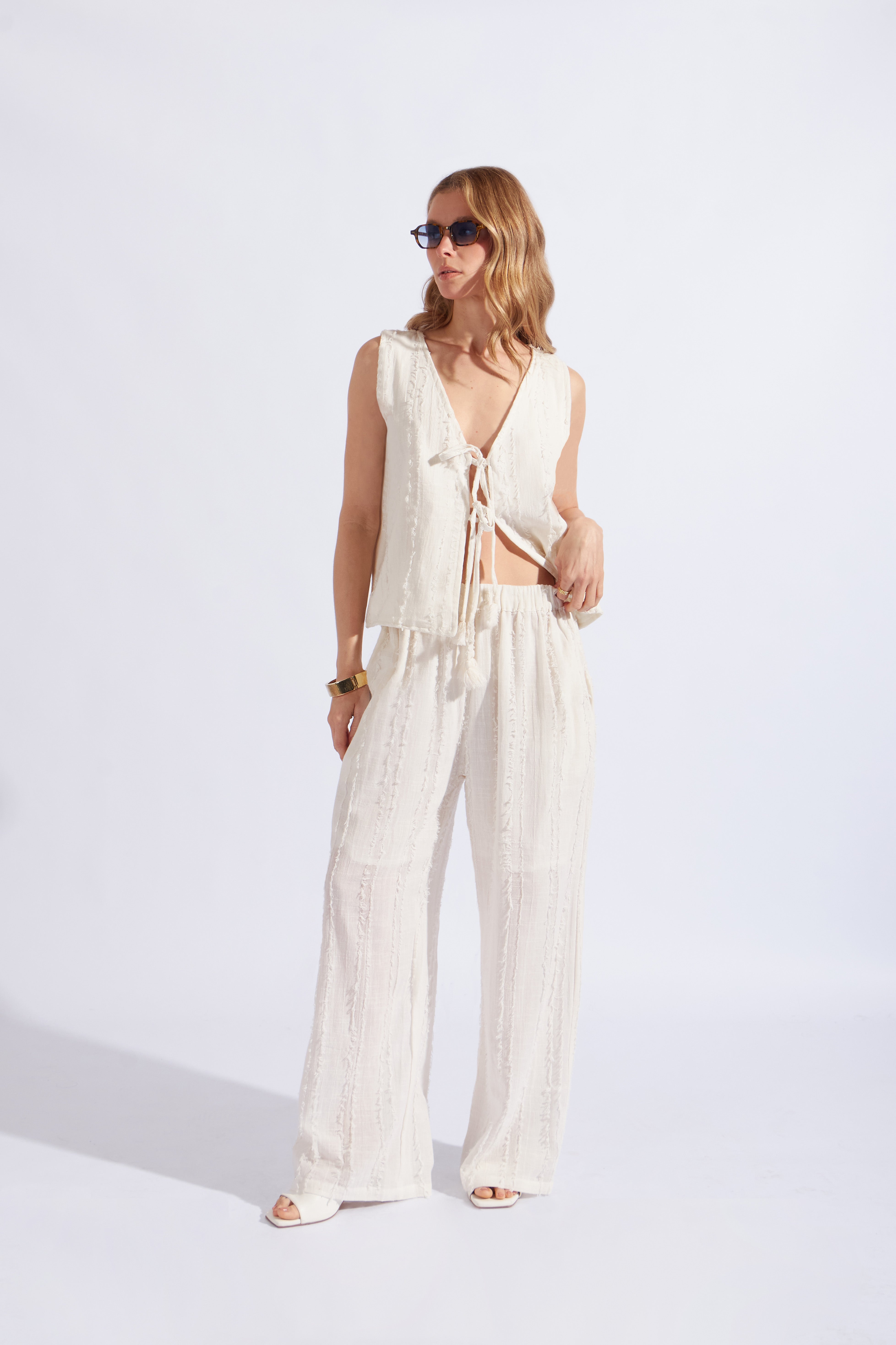 Pantalón Recto textura - Blanco