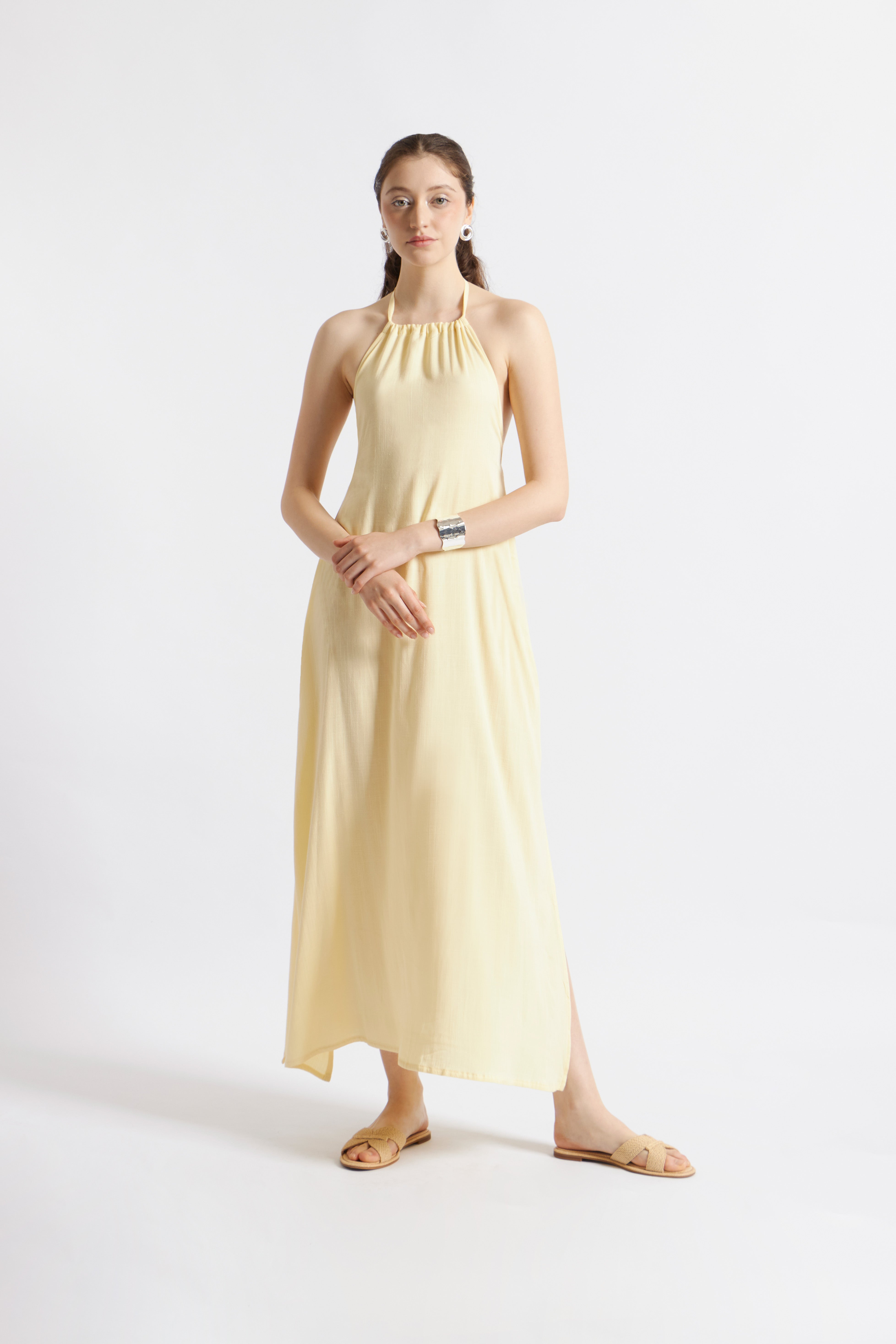 Vestido Lino Cuello Halter - Amarillo