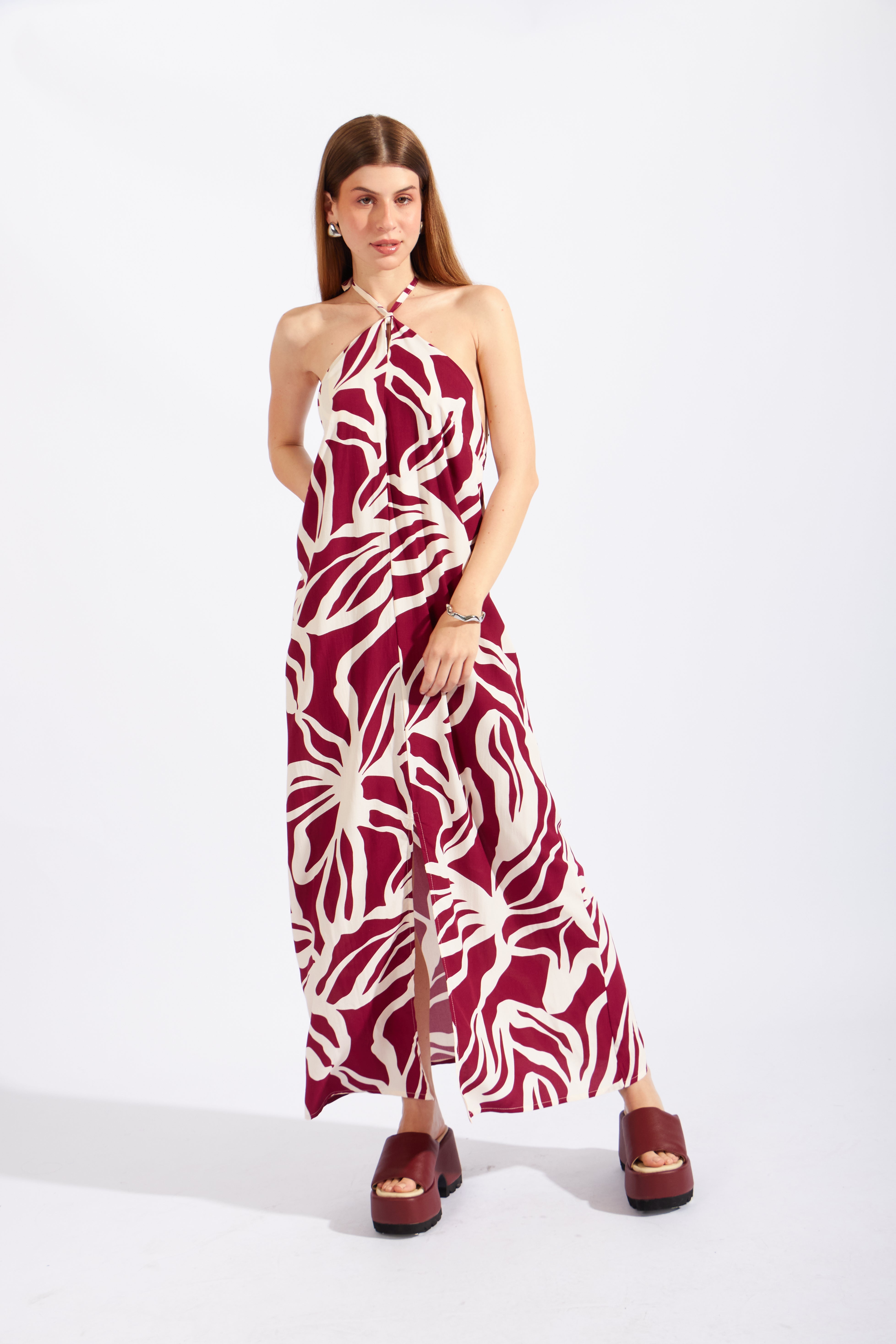 Vestido Halter Abertura - Vino