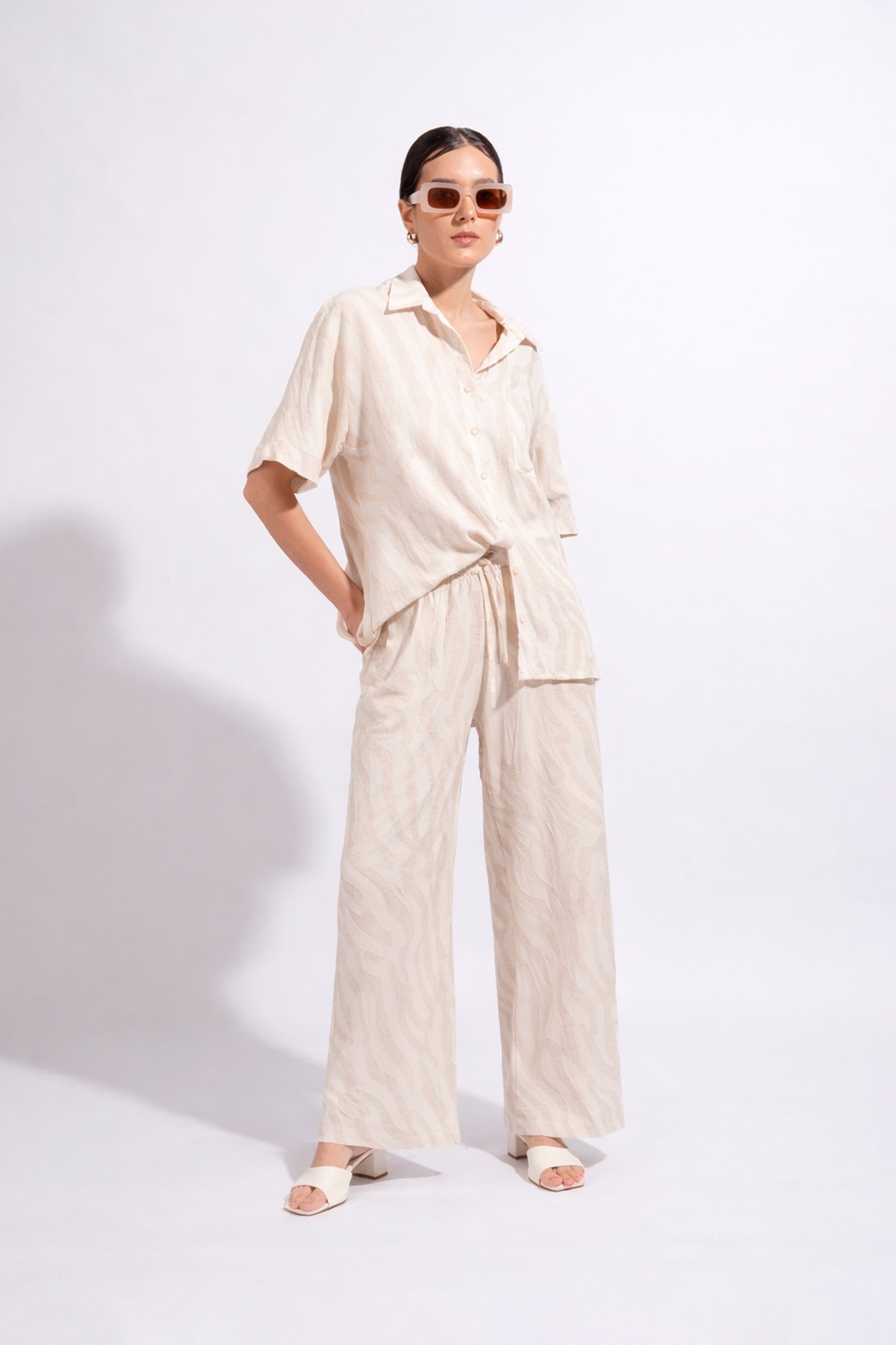 Pantalón Recto Estampado Lino - Natural