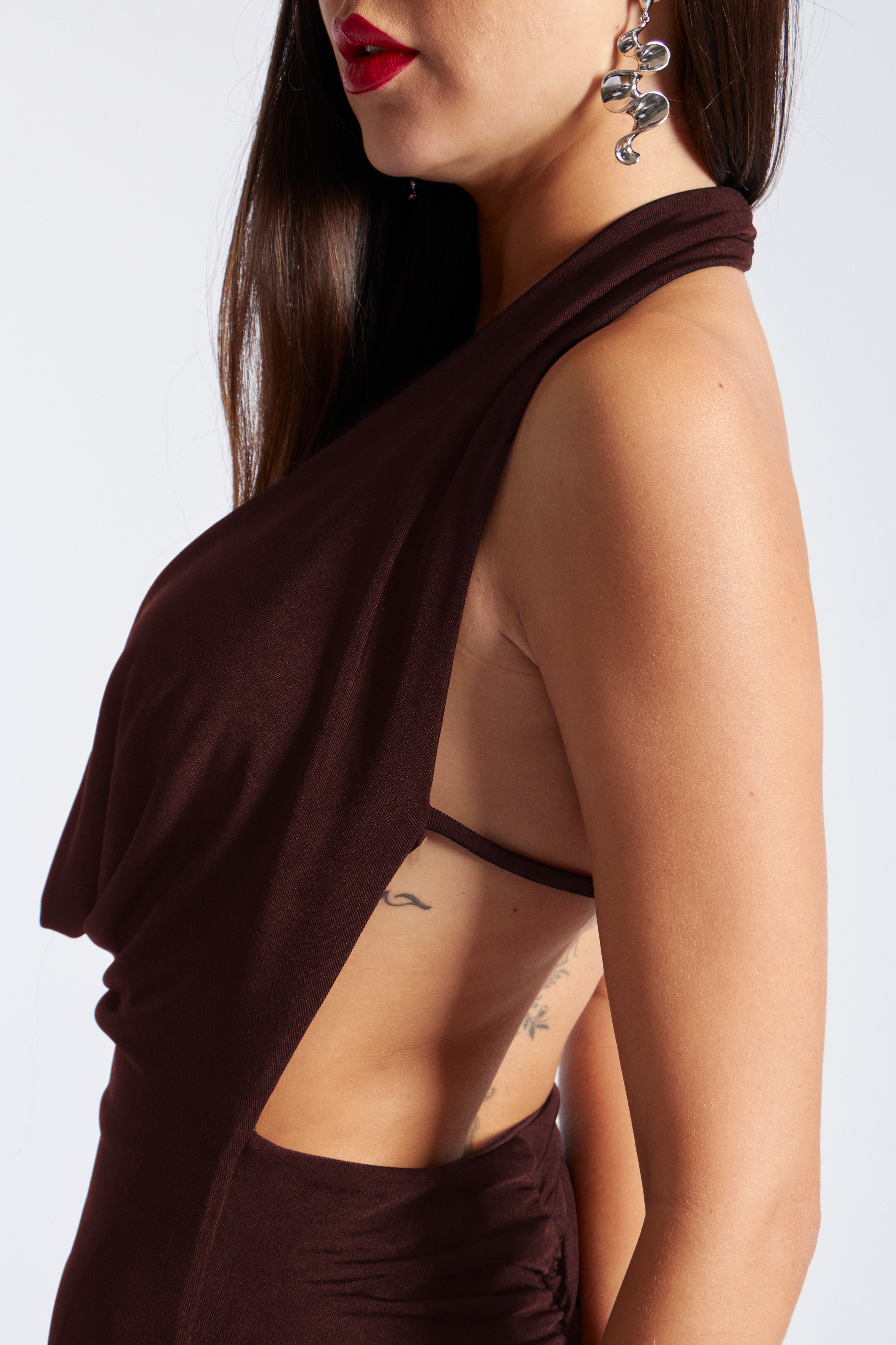 Vestido Corto Cuello Halter - Marrón