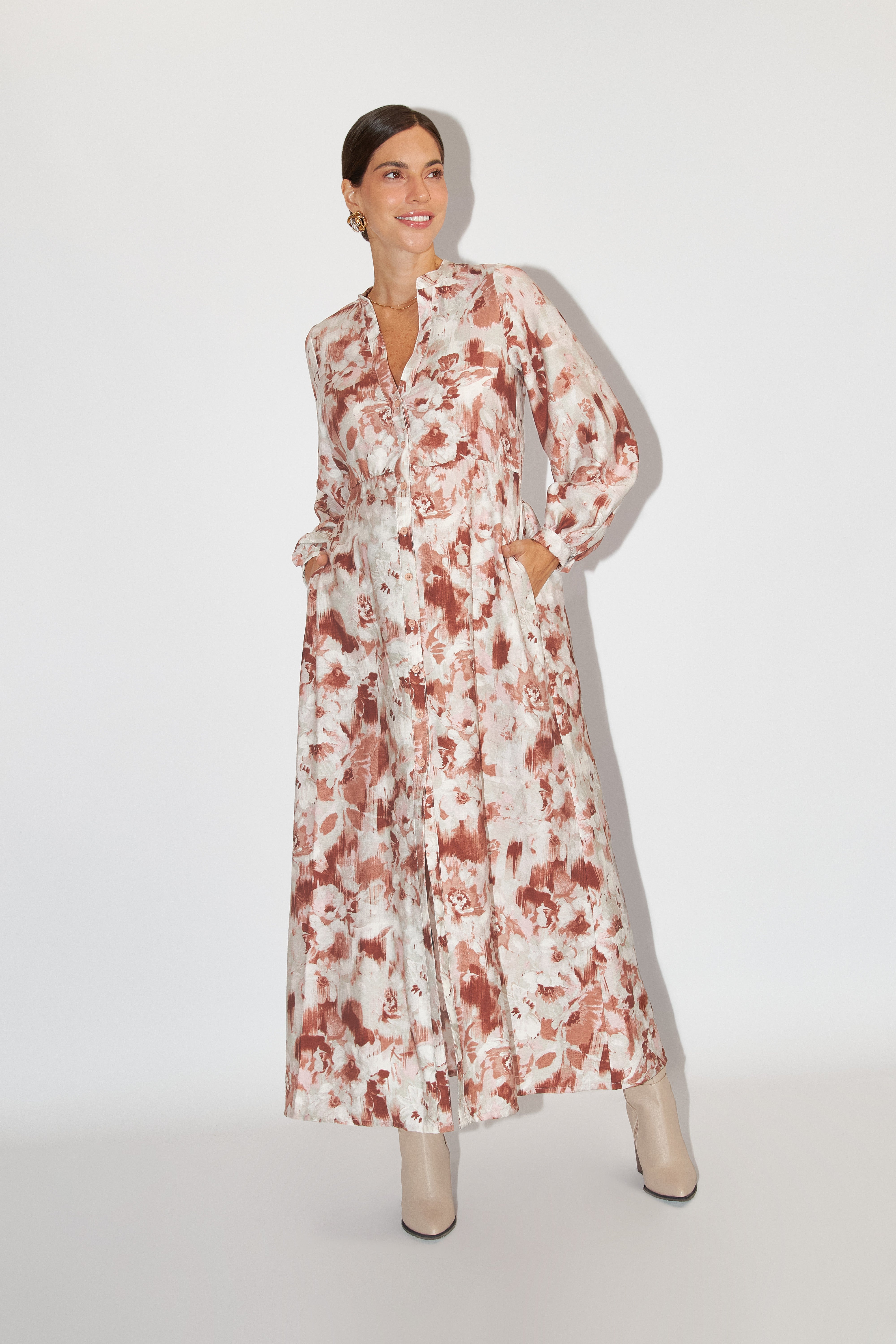 Vestido Midi Manga Larga - Estampado Flores Marrón