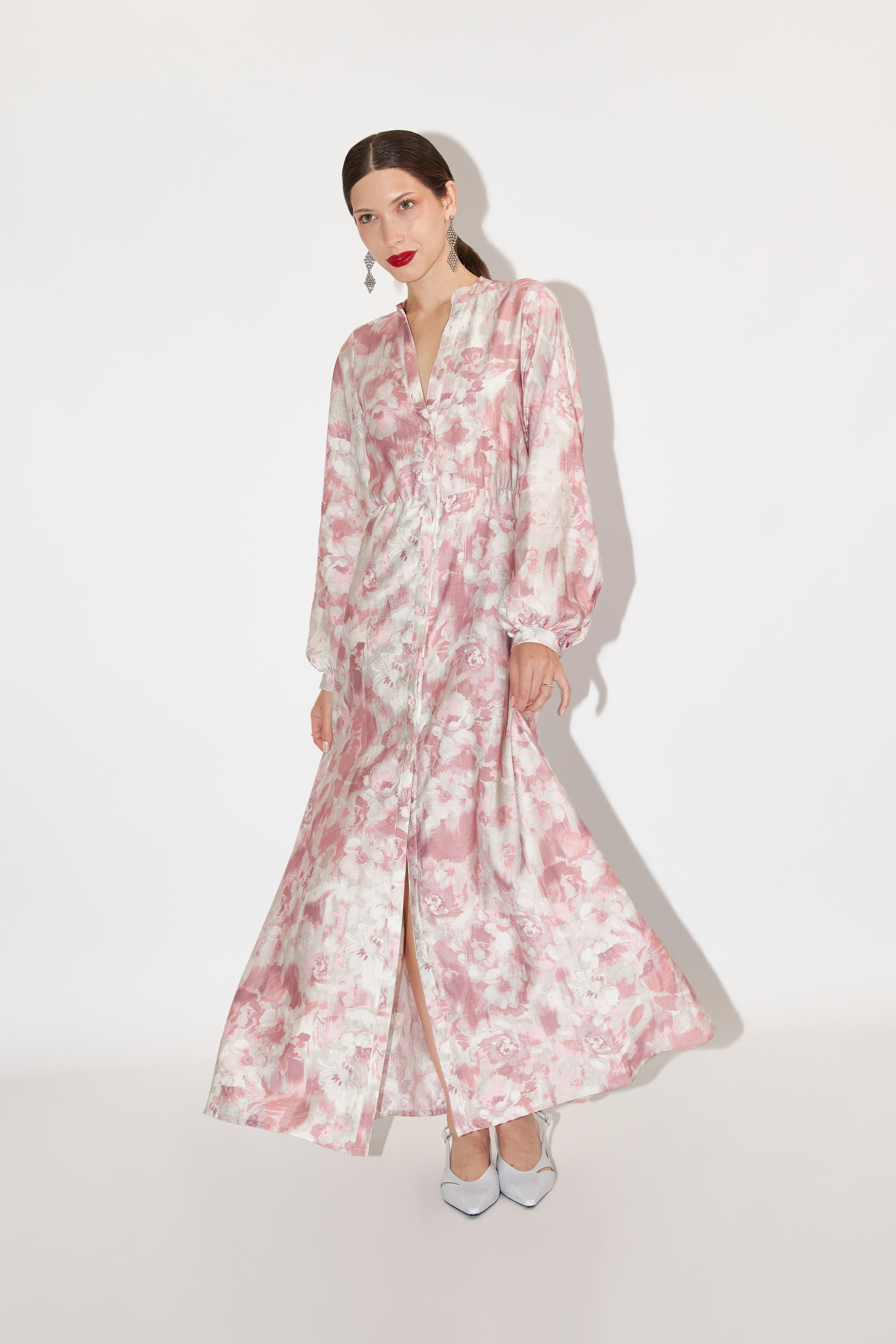 Vestido Midi Manga Larga - Estampado Flores Cereza