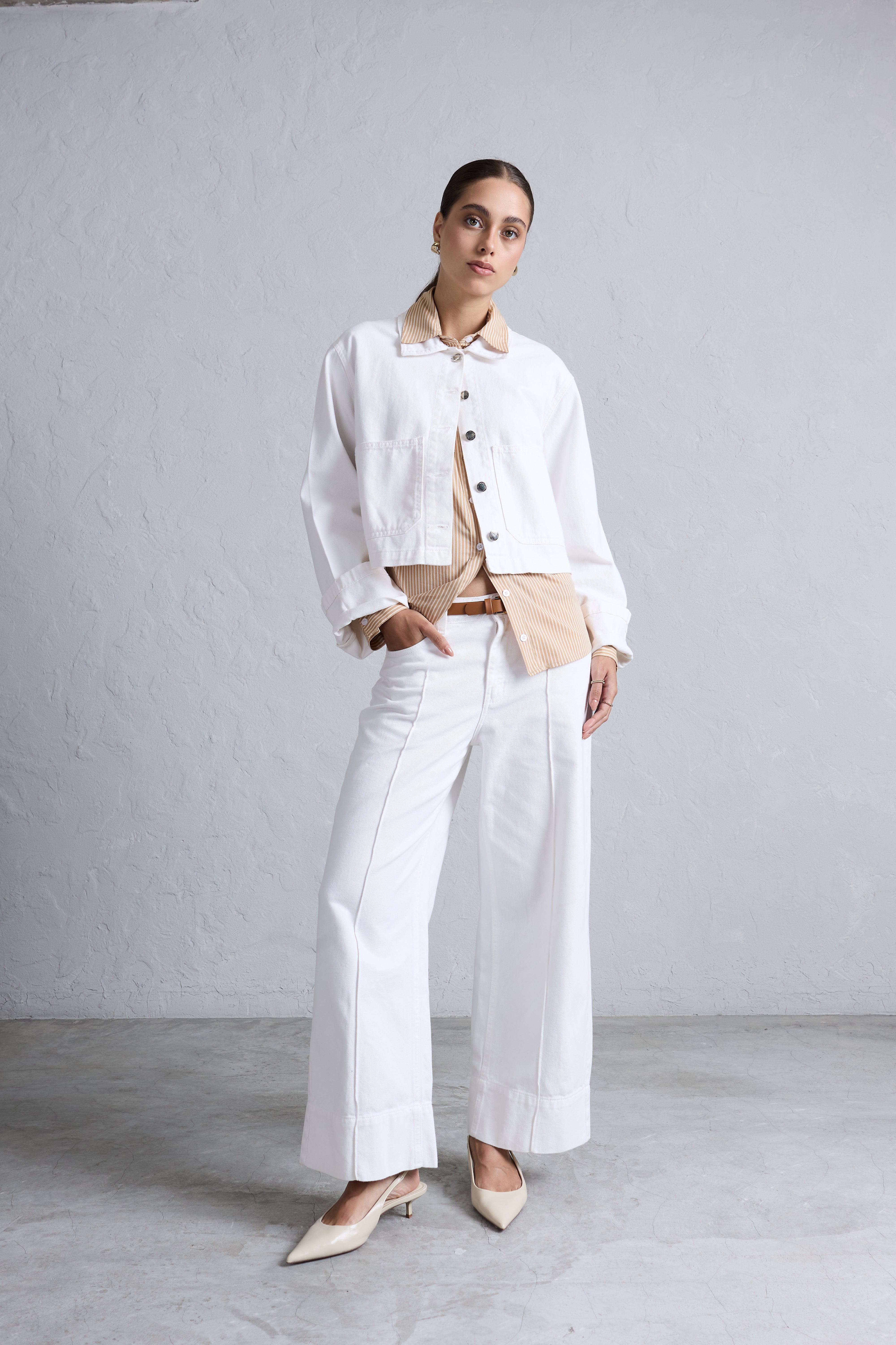 Casaca Denim Manga Doblada - Ecru