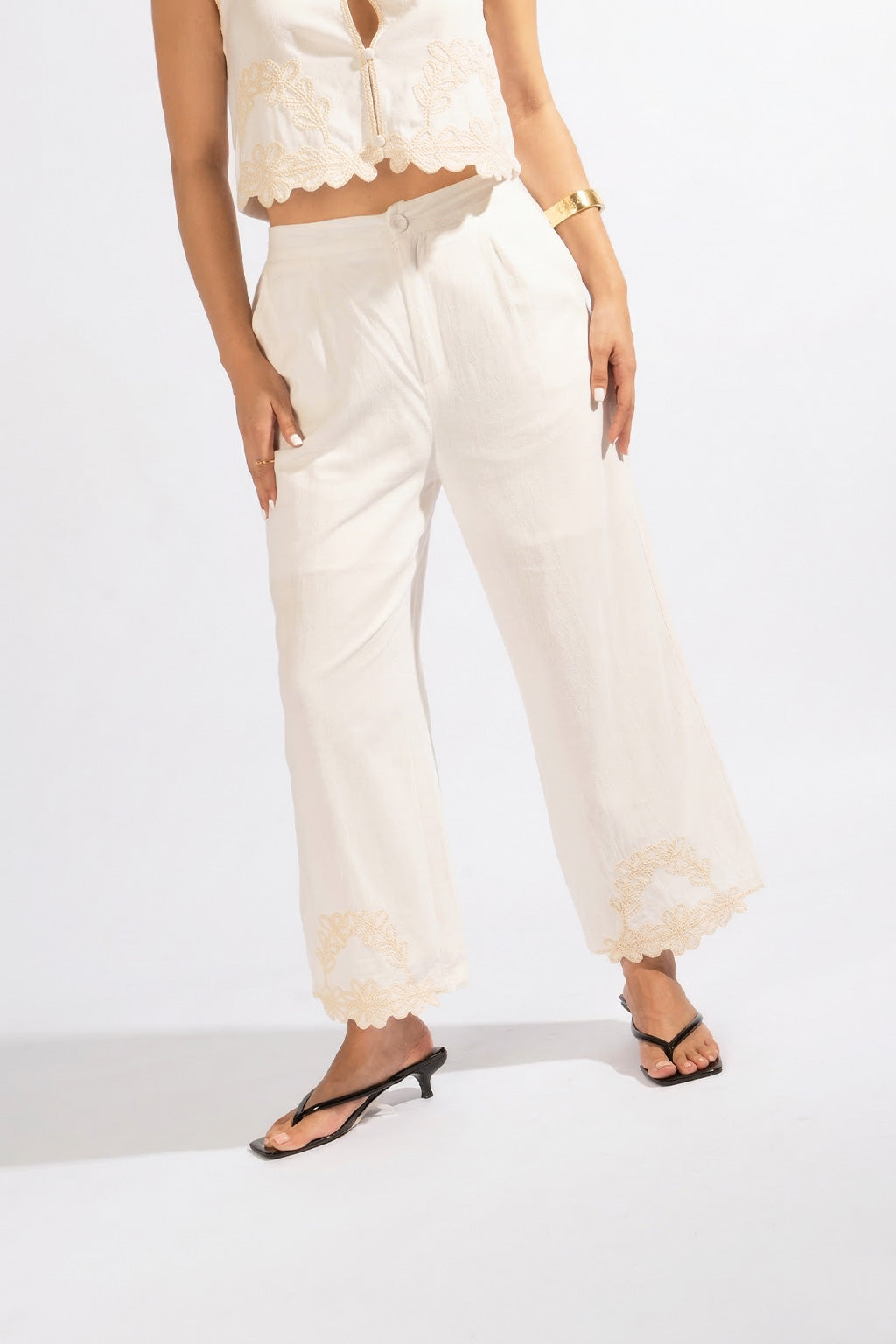 Pantalón Lino Bordado - Blanco