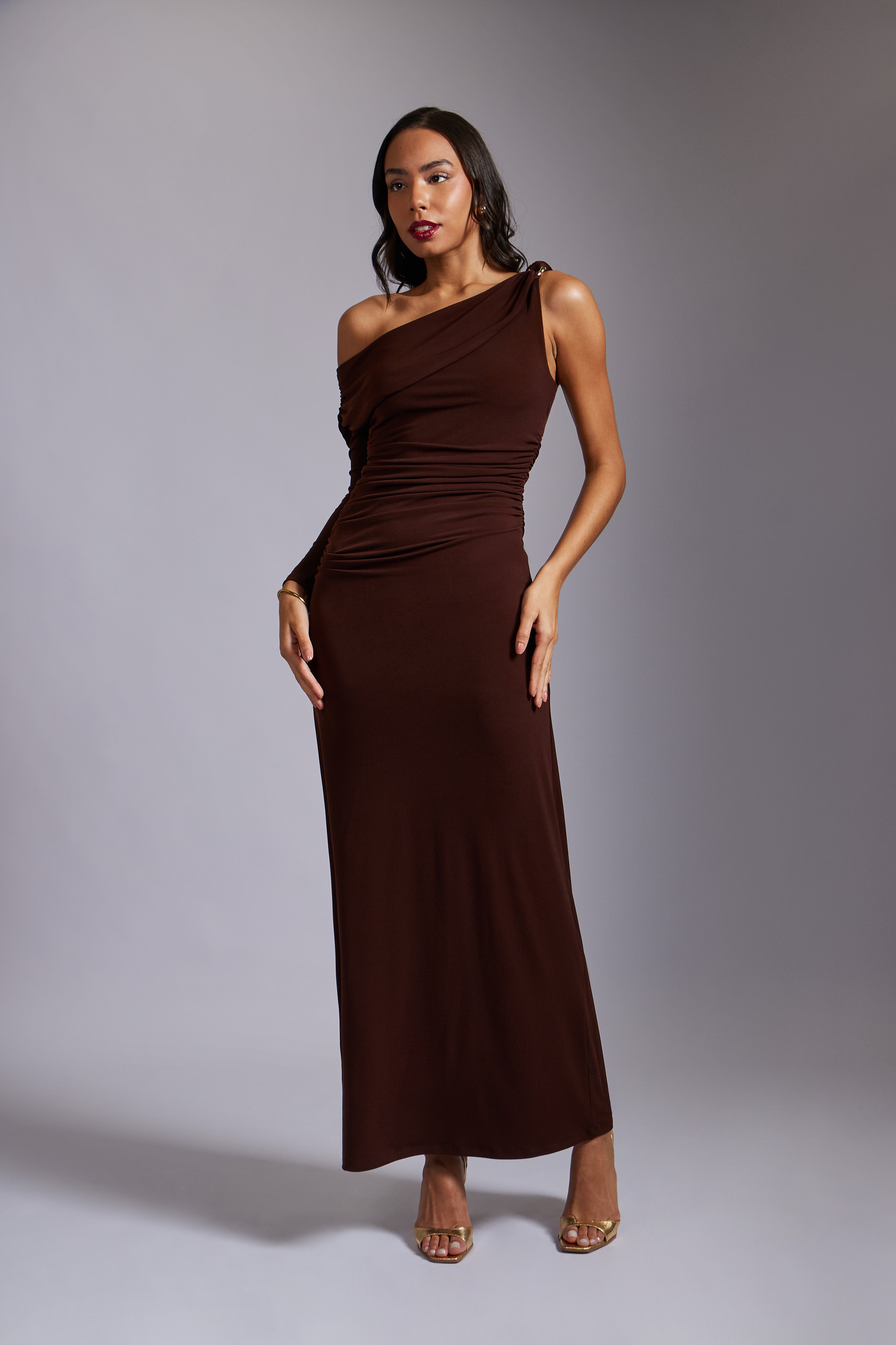 Vestido Asimétrico Broche - Marrón