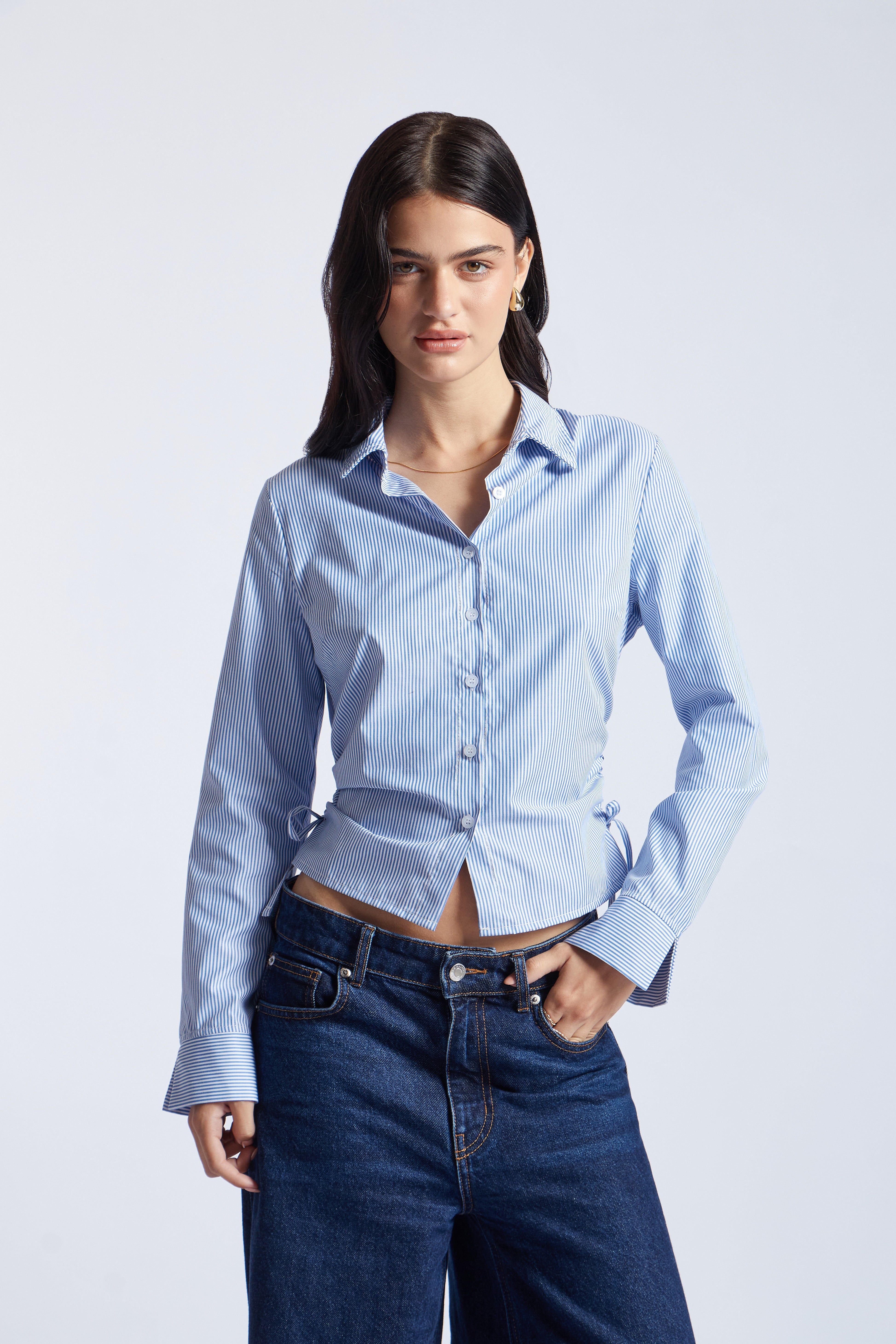Blusa Manga Larga Frunces - Rayas Celeste
