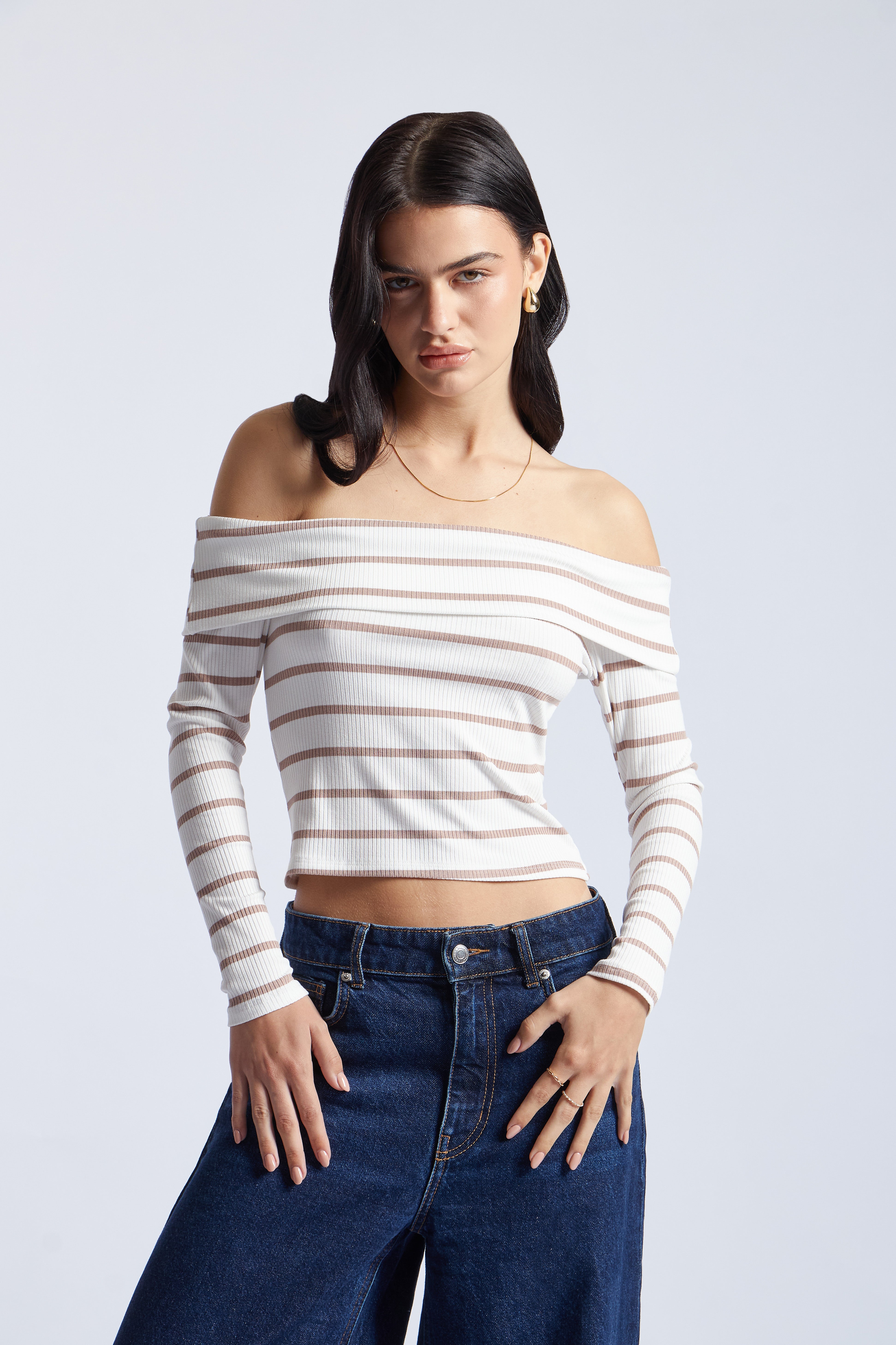 Off Shoulder Rib Stripe - Ivory con Topo