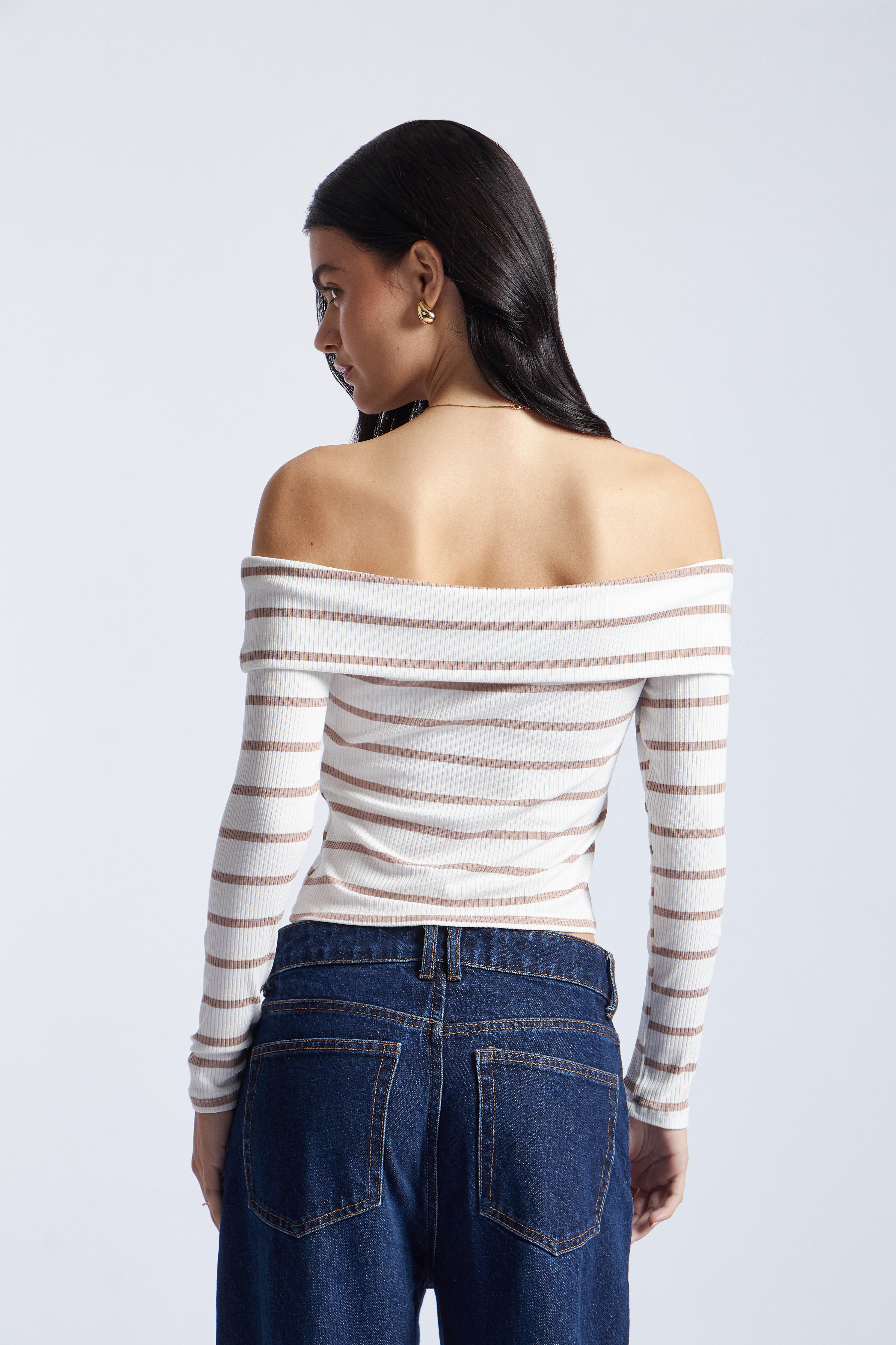 Off Shoulder Rib Stripe - Ivory con Topo